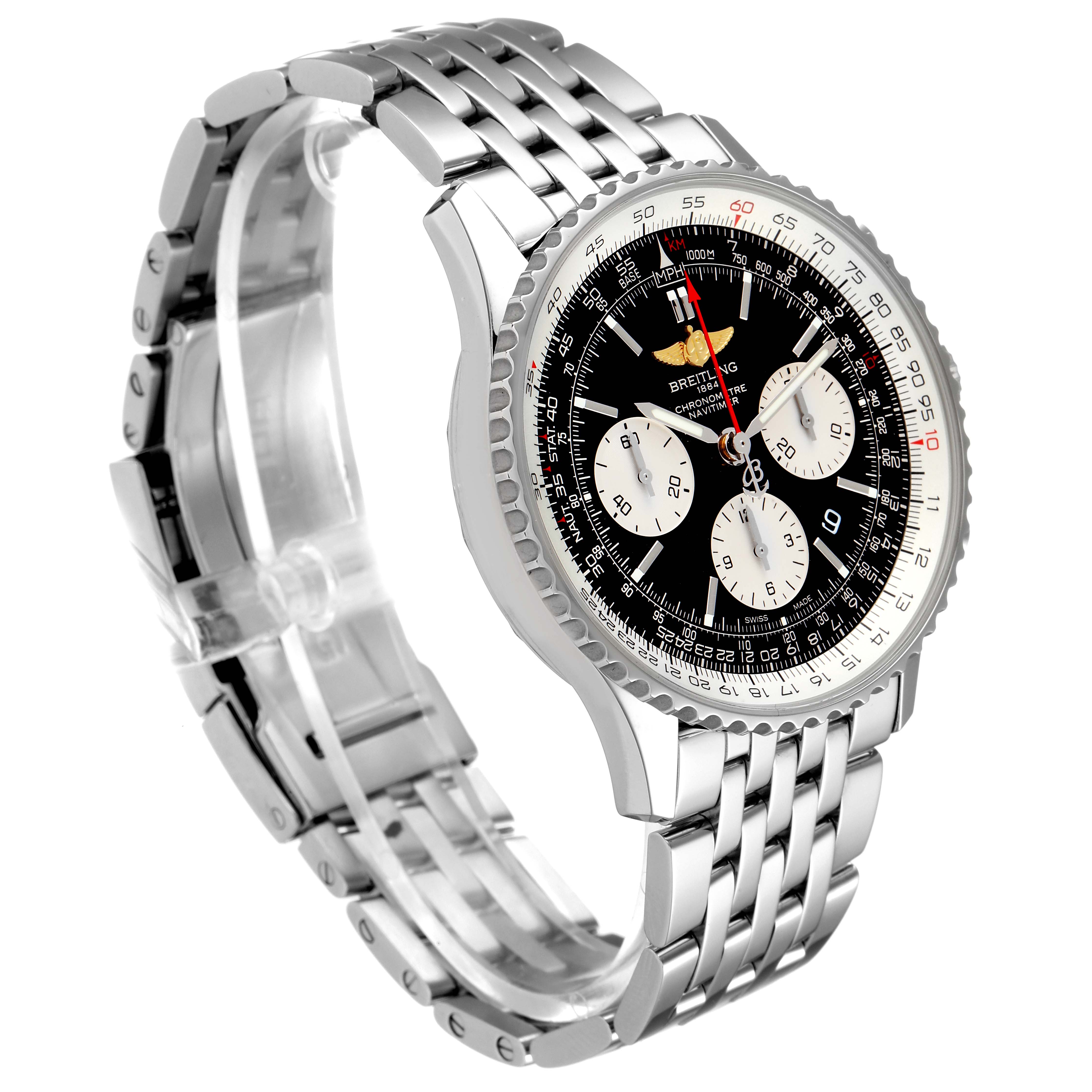 The image shows a Breitling Navitimer AB0121 Men
s Stainless Steel Black Dial AB0121 Men
s Stainless Steel Black Dial watch viewed from an angled side perspective, highlighting its dial, bezel, and bracelet.