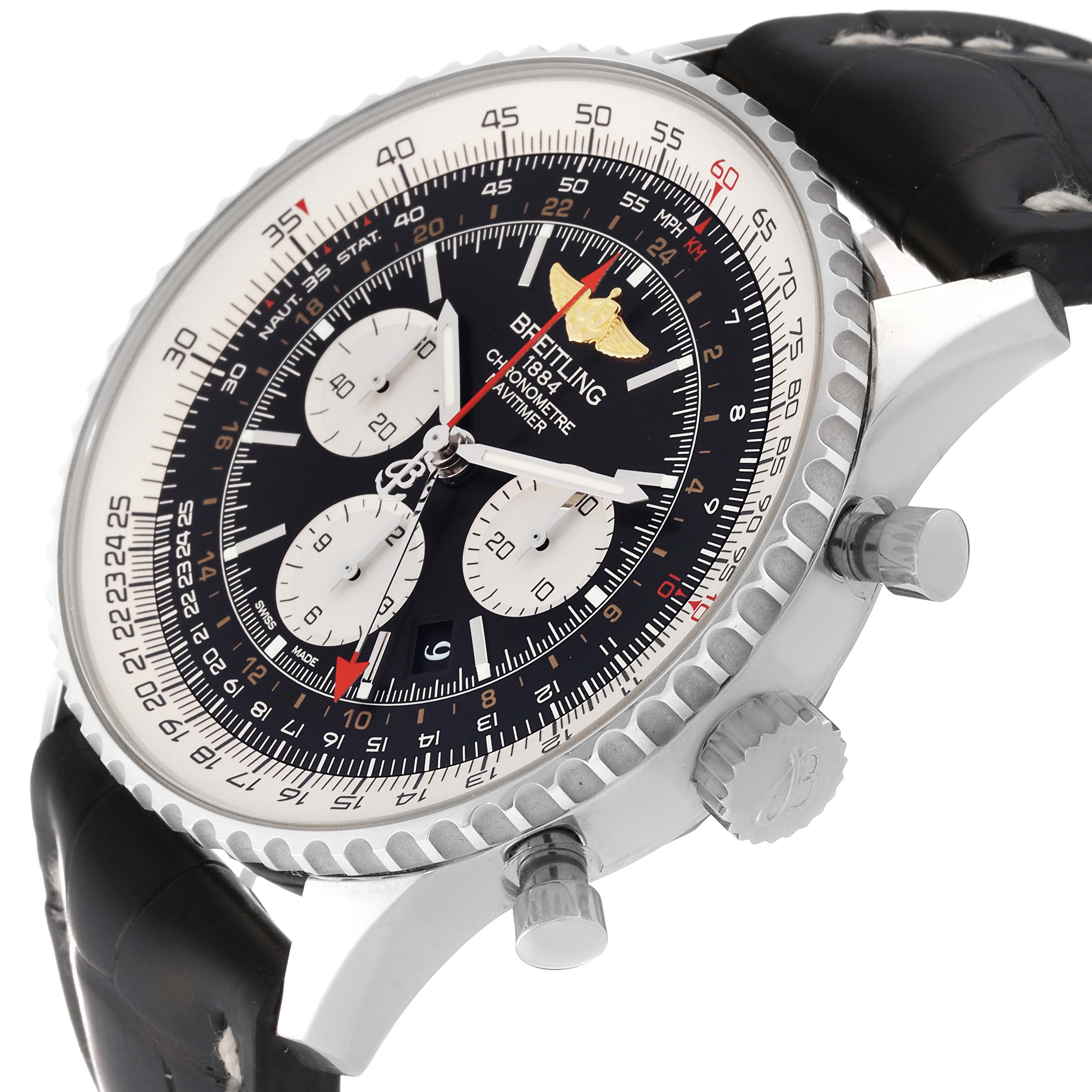 This Breitling Navitimer AB0441 Men
s Stainless Steel Black Dial AB0441 Men
s Stainless Steel Black Dial watch is shown at a slight angle revealing the dial, bezel, crown, pushers, and part of the strap.