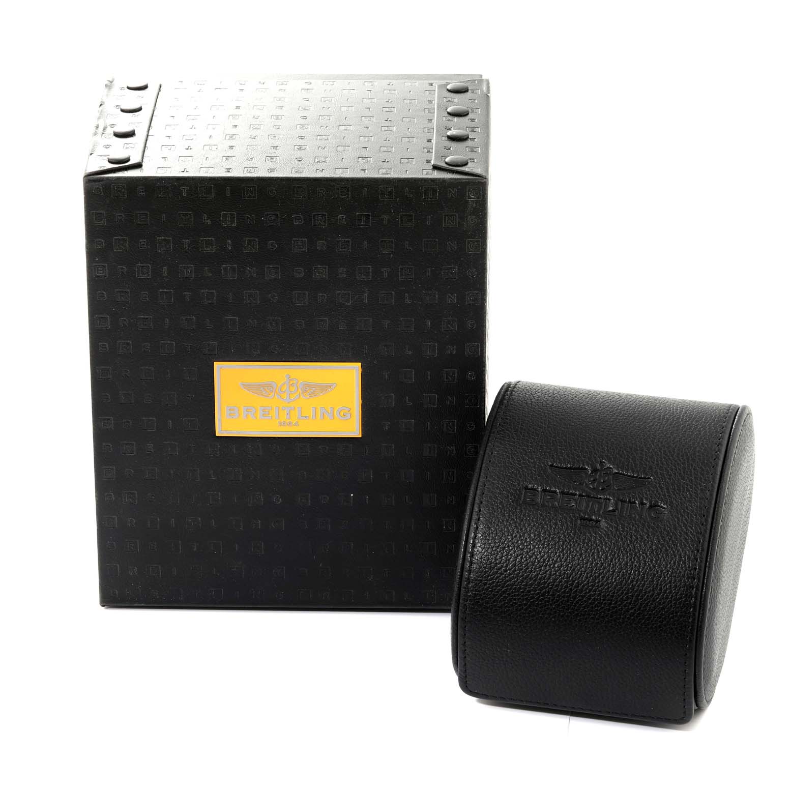 The image shows the packaging and a leather watch box for the Breitling Navitimer AB0441 Men
s Stainless Steel Black Dial AB0441 Men
s Stainless Steel Black Dial model.