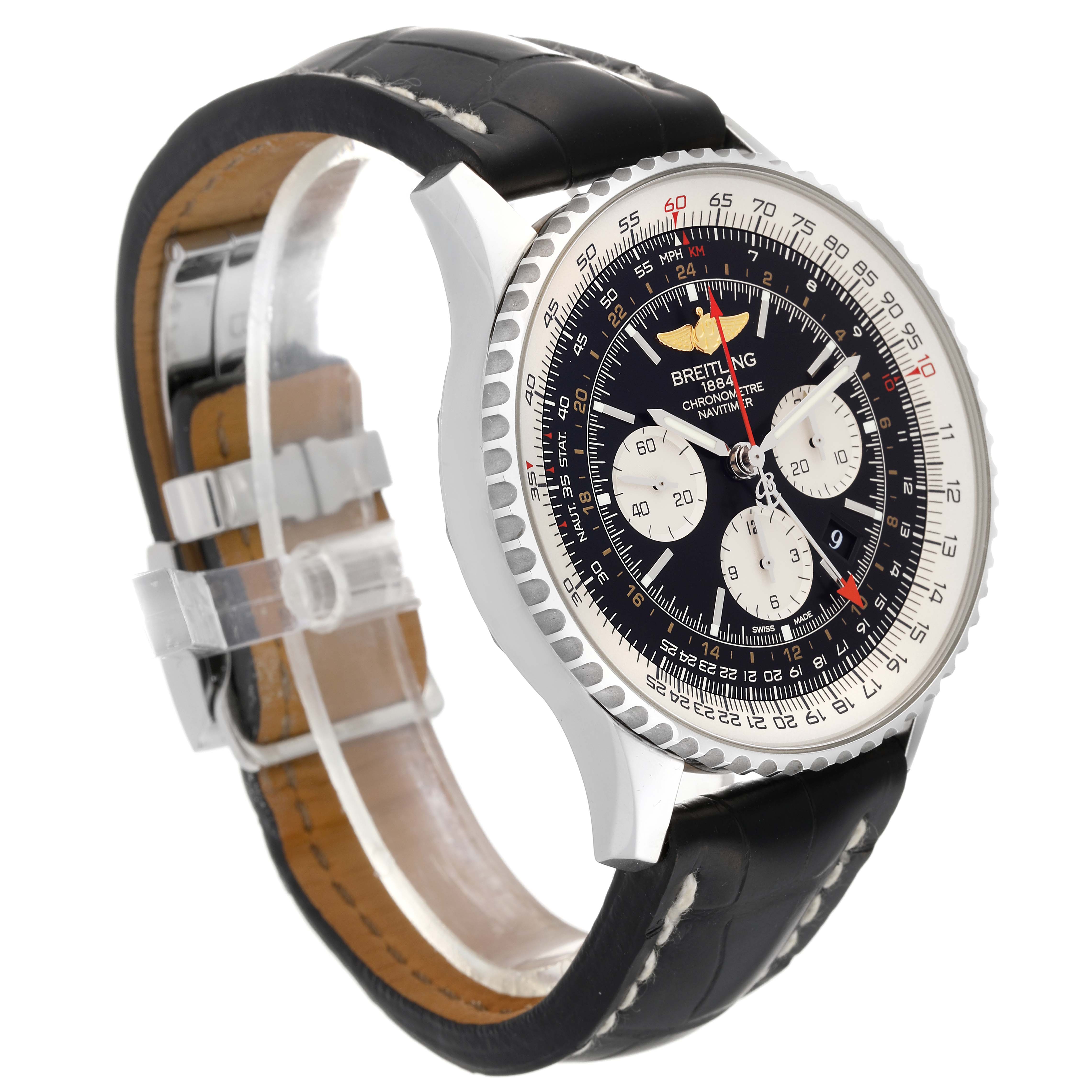 The image shows a side angle of a Breitling Navitimer AB0441 Men
s Stainless Steel Black Dial AB0441 Men
s Stainless Steel Black Dial watch, highlighting its face, bezel, and leather strap with deployment clasp.