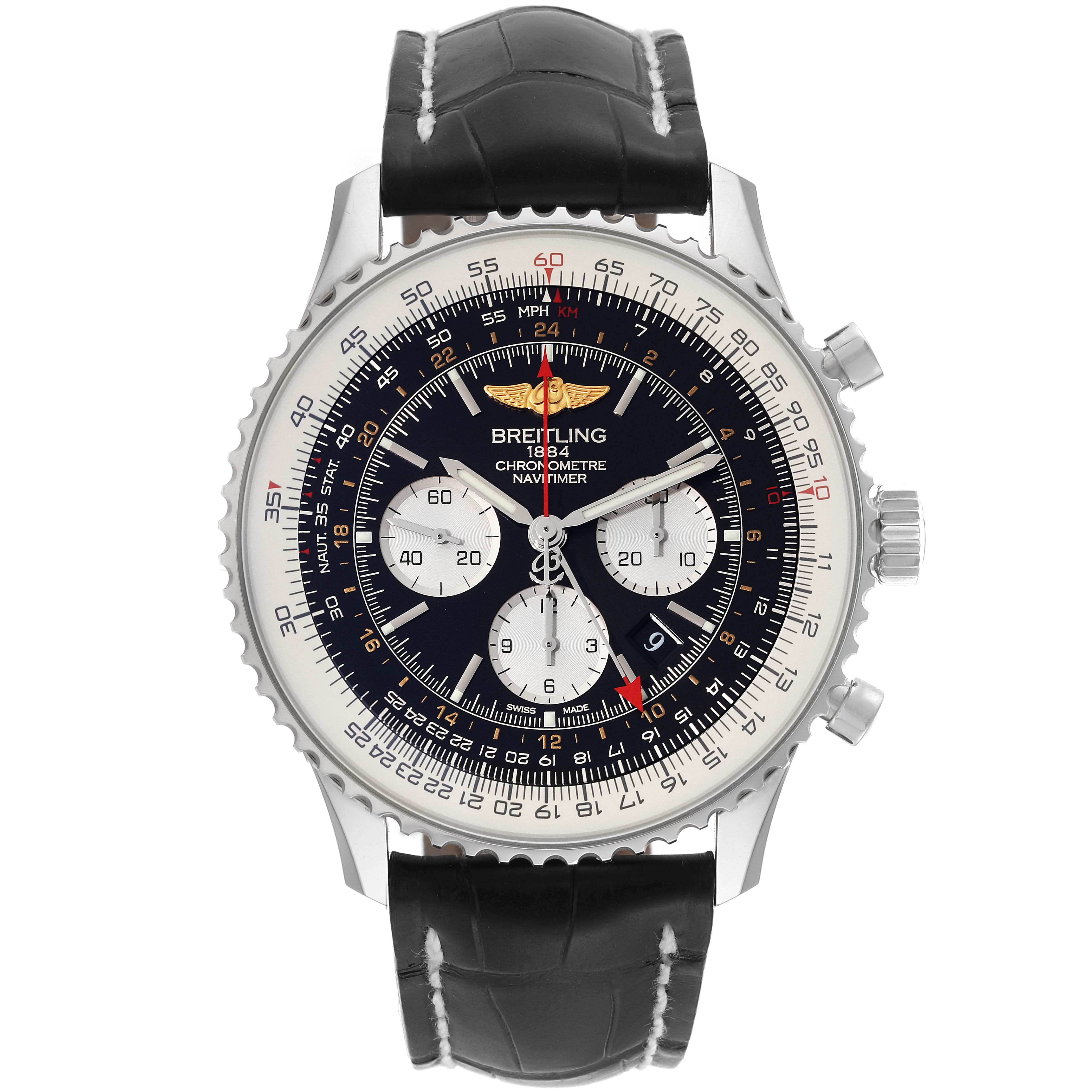 This image shows a front view of the Breitling Navitimer AB0441 Men
s Stainless Steel Black Dial AB0441 Men
s Stainless Steel Black Dial watch, displaying its dial, bezel, and leather strap.