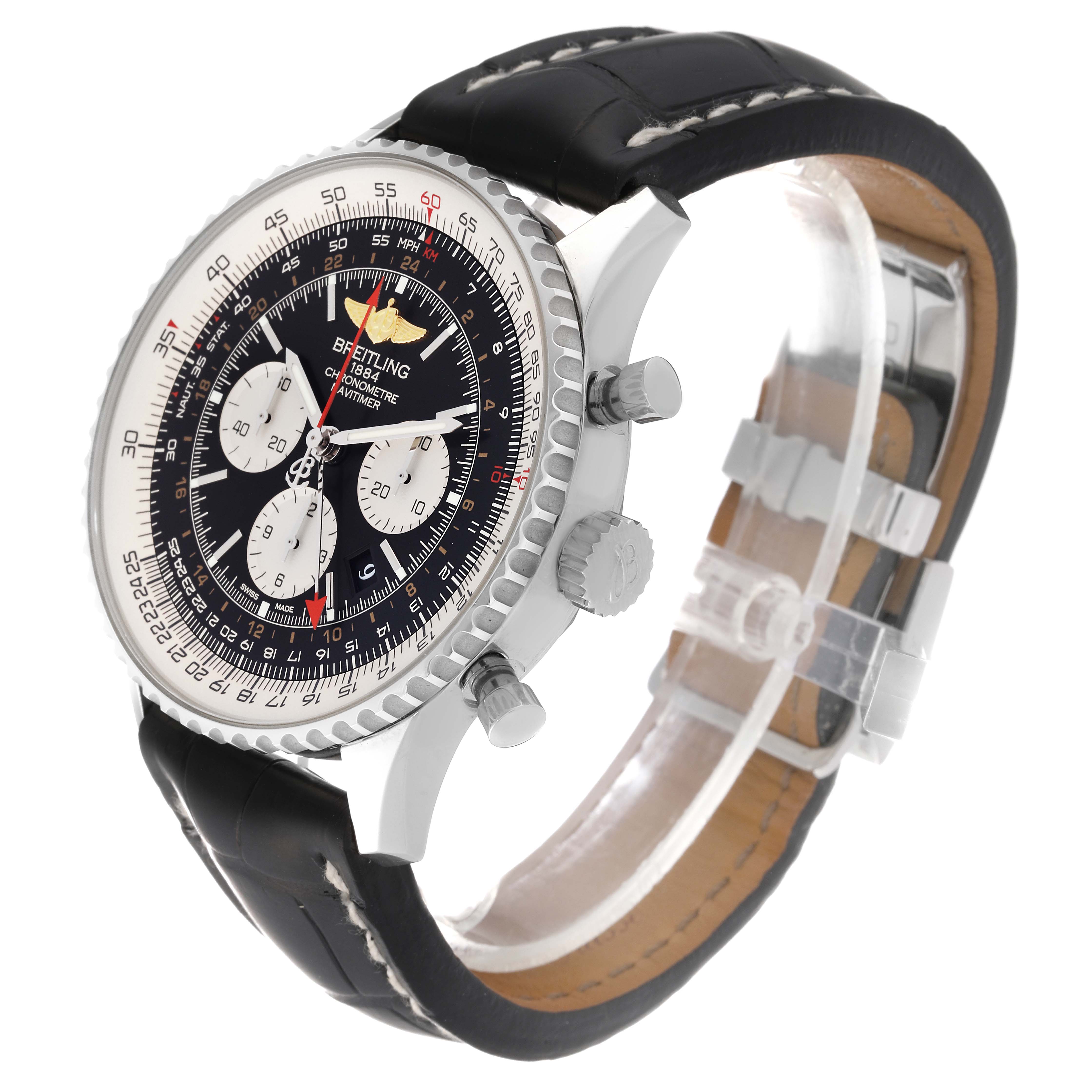 The image shows a Breitling Navitimer AB0441 Men
s Stainless Steel Black Dial AB0441 Men
s Stainless Steel Black Dial watch at a slight angle, highlighting the dial, bezel, crown, pushers, and leather strap.