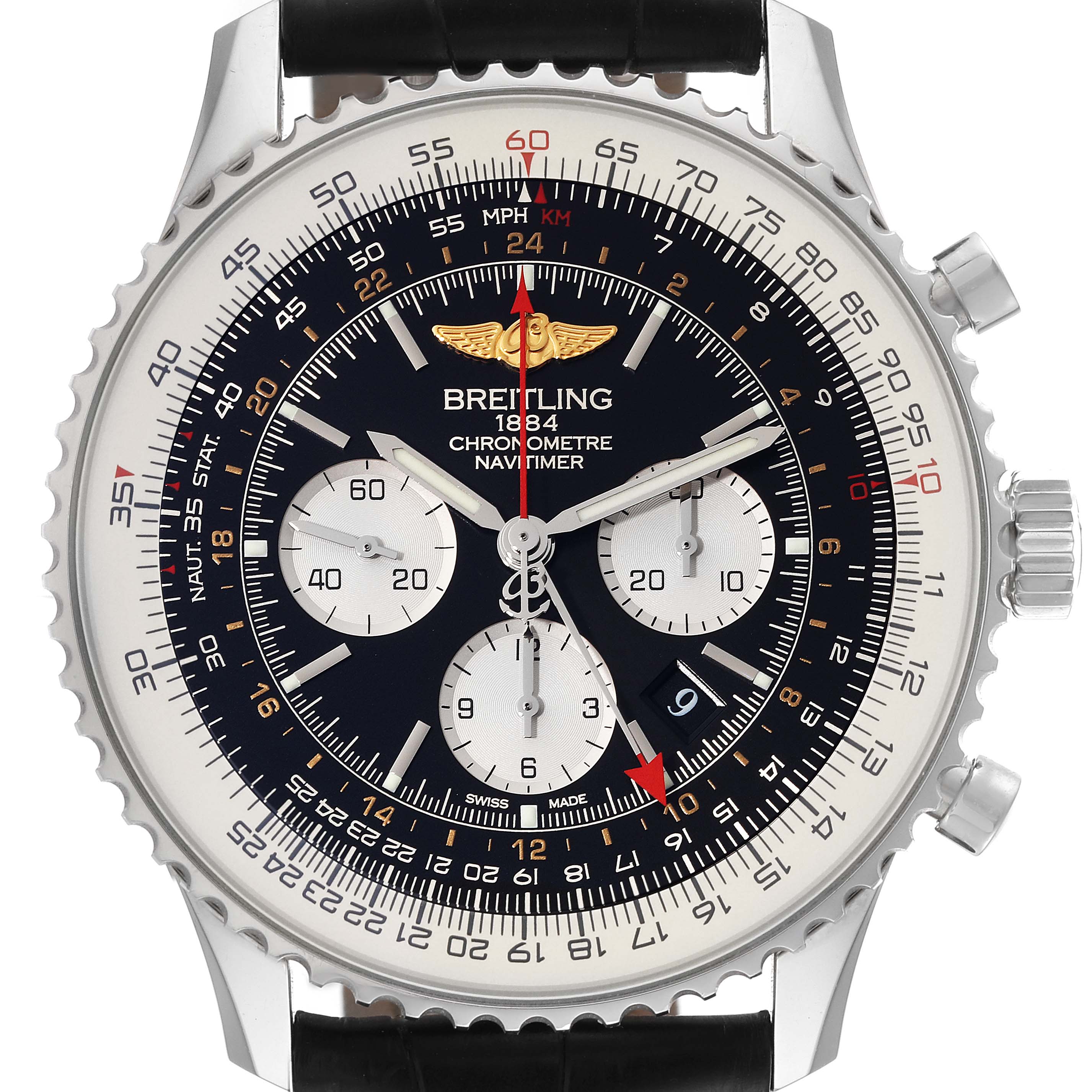 The image shows a close-up of the face of a Breitling Navitimer AB0441 Men
s Stainless Steel Black Dial AB0441 Men
s Stainless Steel Black Dial watch, highlighting its chronograph features and navigation aids.
