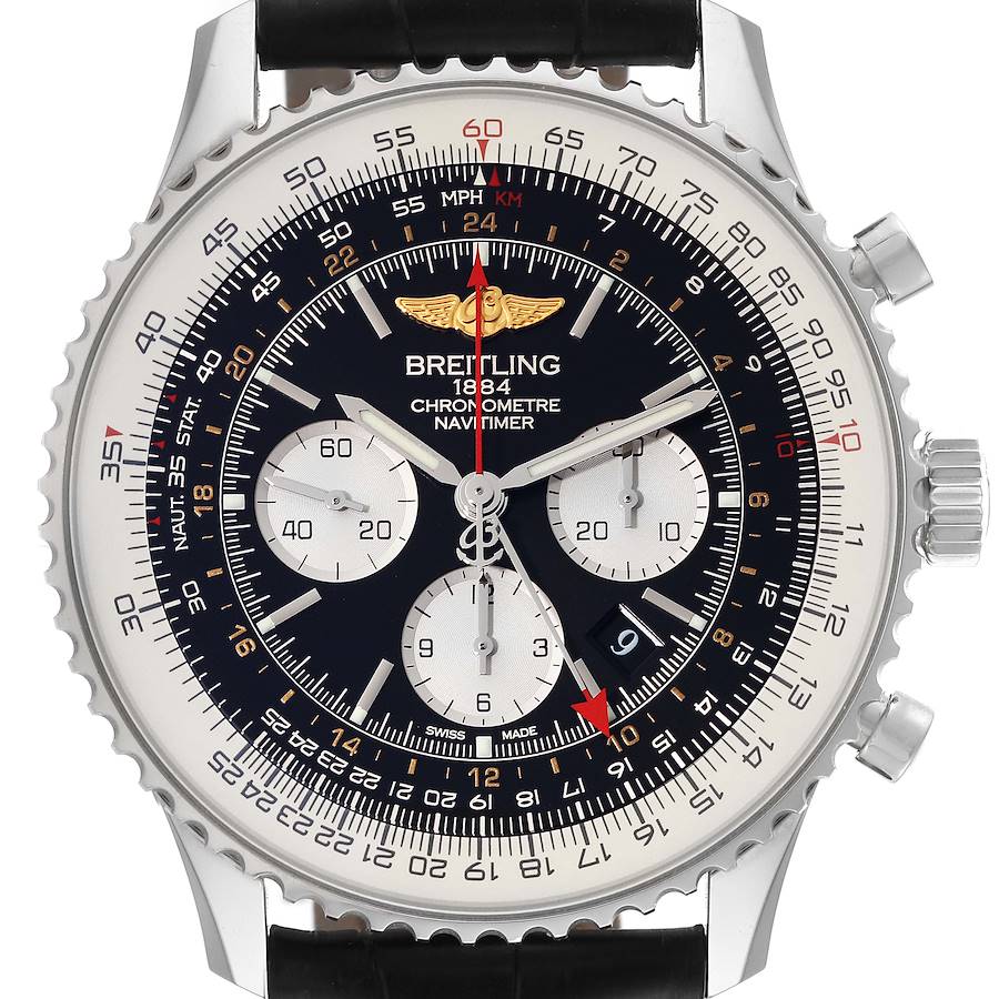 The image shows a close-up of the face of a Breitling Navitimer watch, highlighting its chronograph features and navigation aids.