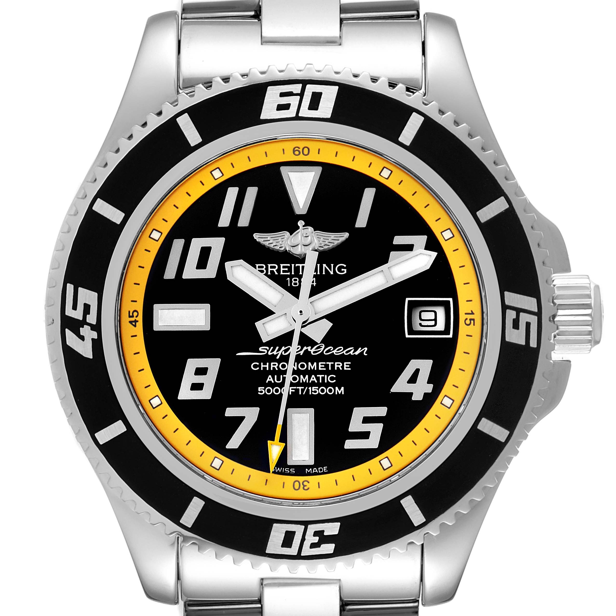 The image shows a front view of the Breitling Superocean A17364 Men's Stainless Steel Black Dial A17364 Men's Stainless Steel Black Dial watch, highlighting its bezel, dial, hands, and date window.