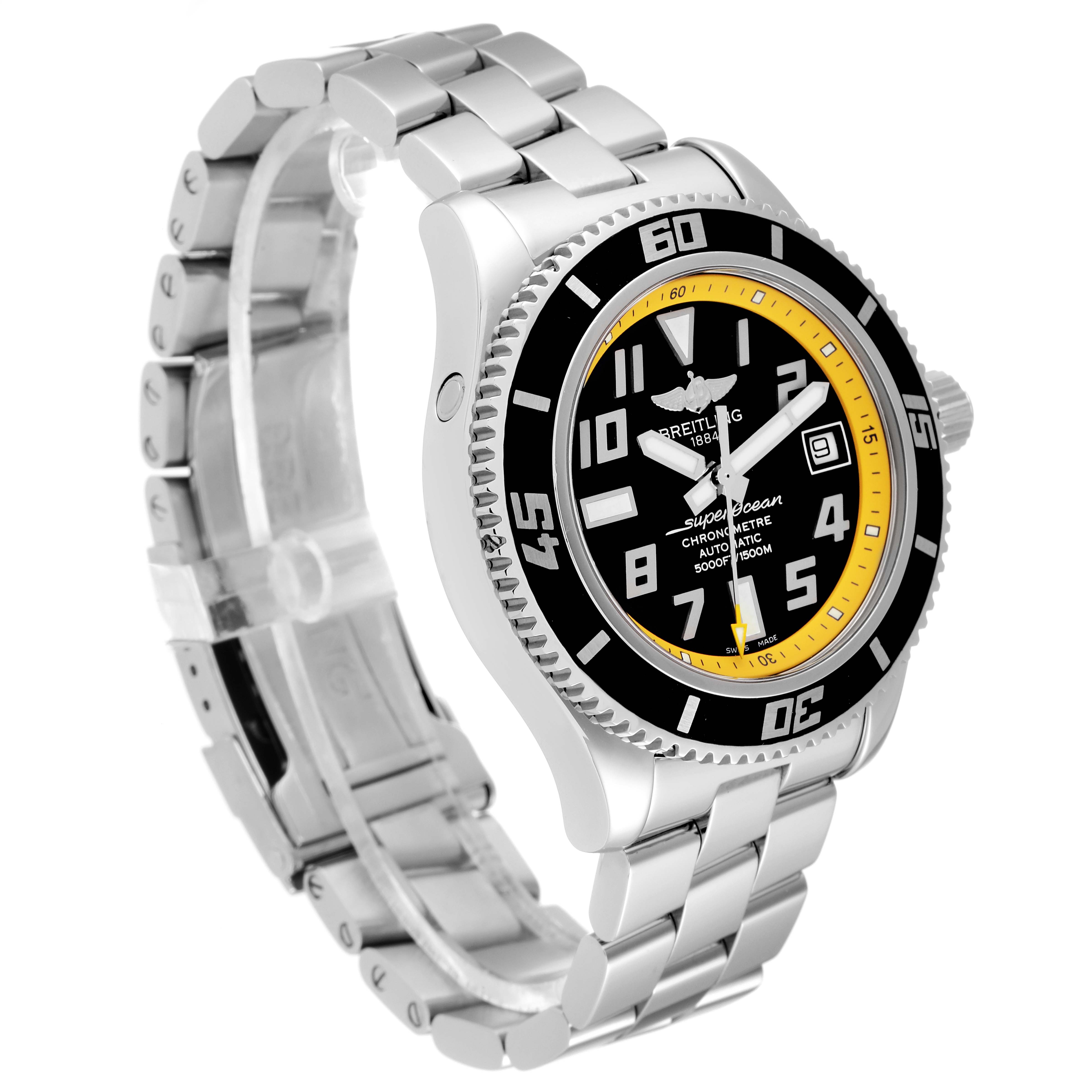 The image shows a Breitling Superocean A17364 Men's Stainless Steel Black Dial A17364 Men's Stainless Steel Black Dial watch from a 3/4 angle, highlighting the bezel, dial, hands, and stainless steel bracelet.