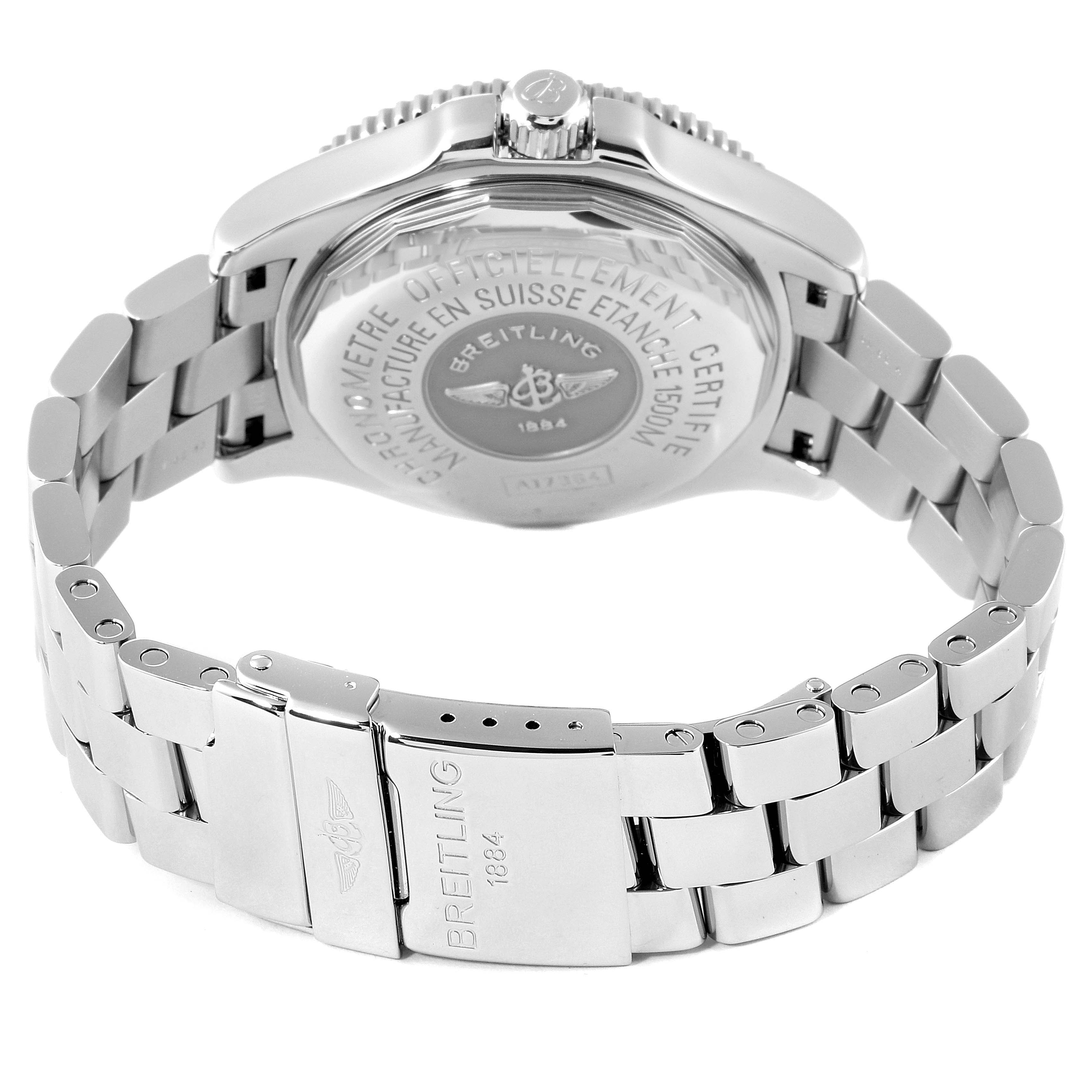 The image shows the back case and metal bracelet of a Breitling Superocean A17364 Men's Stainless Steel Black Dial A17364 Men's Stainless Steel Black Dial watch from a side angle.