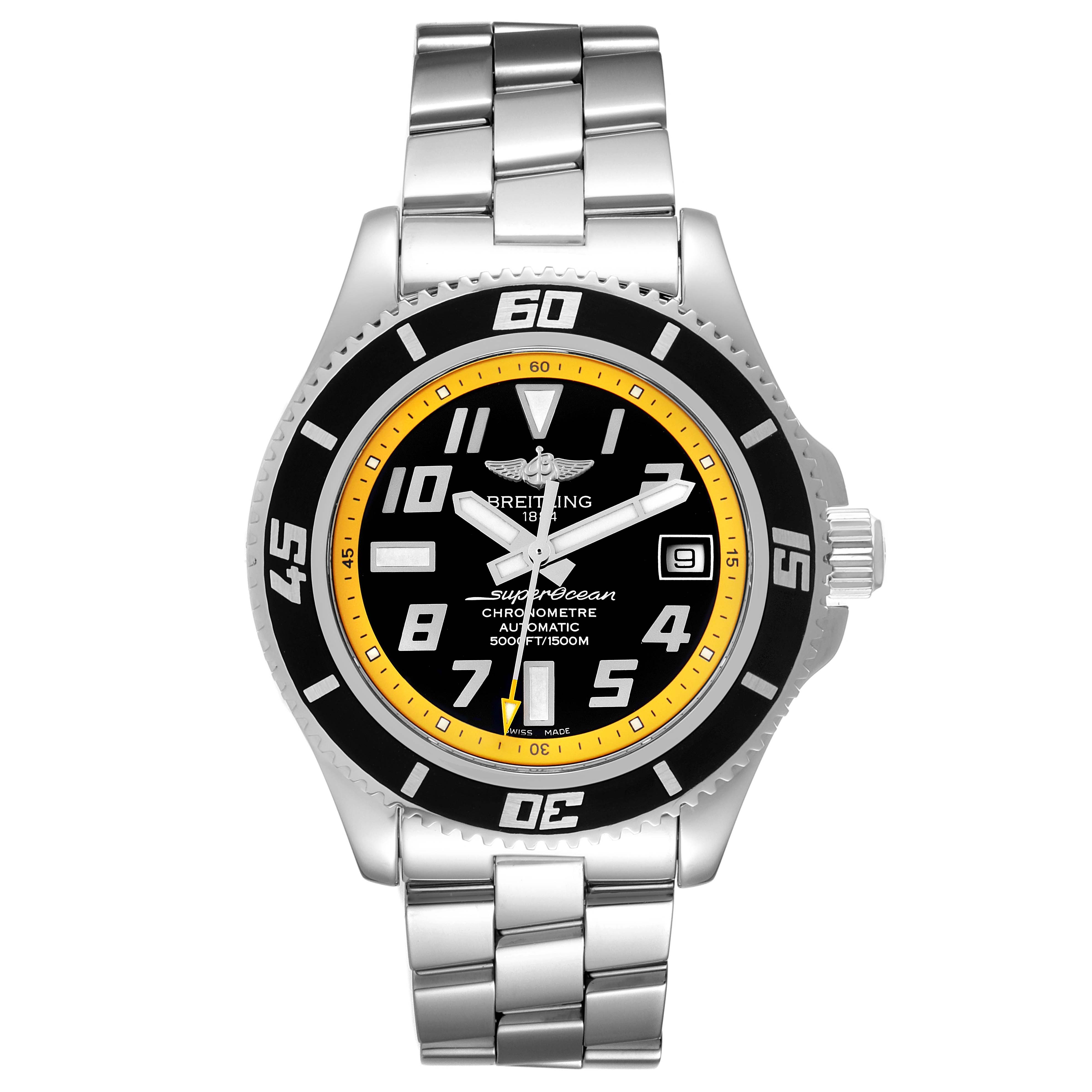 The image shows a front view of the Breitling Superocean A17364 Men's Stainless Steel Black Dial A17364 Men's Stainless Steel Black Dial watch, featuring a stainless steel bracelet, bezel, and date display.