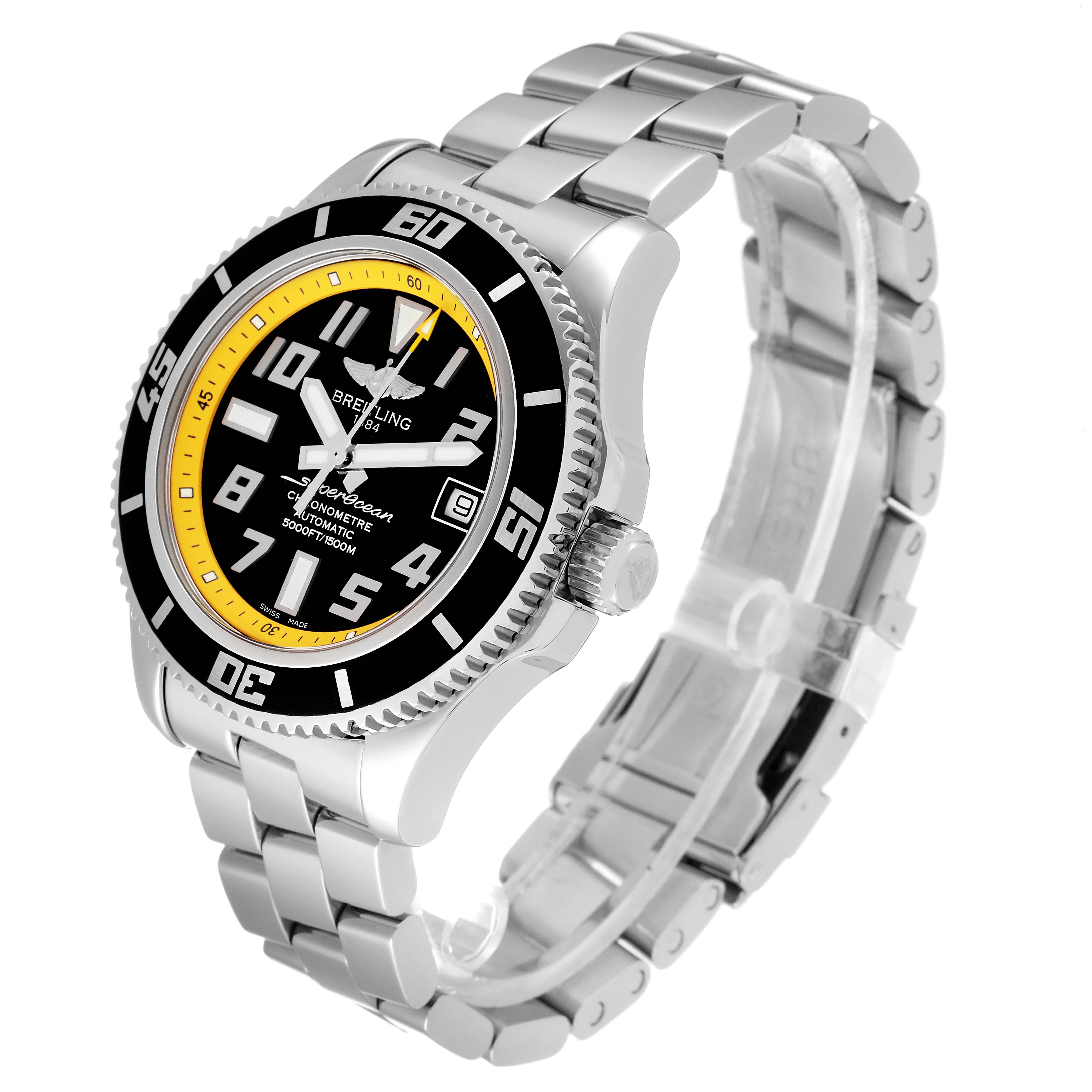 The Breitling Superocean A17364 Men's Stainless Steel Black Dial A17364 Men's Stainless Steel Black Dial watch is viewed from a slight upward angle, showing its face, bezel, crown, and metal bracelet.