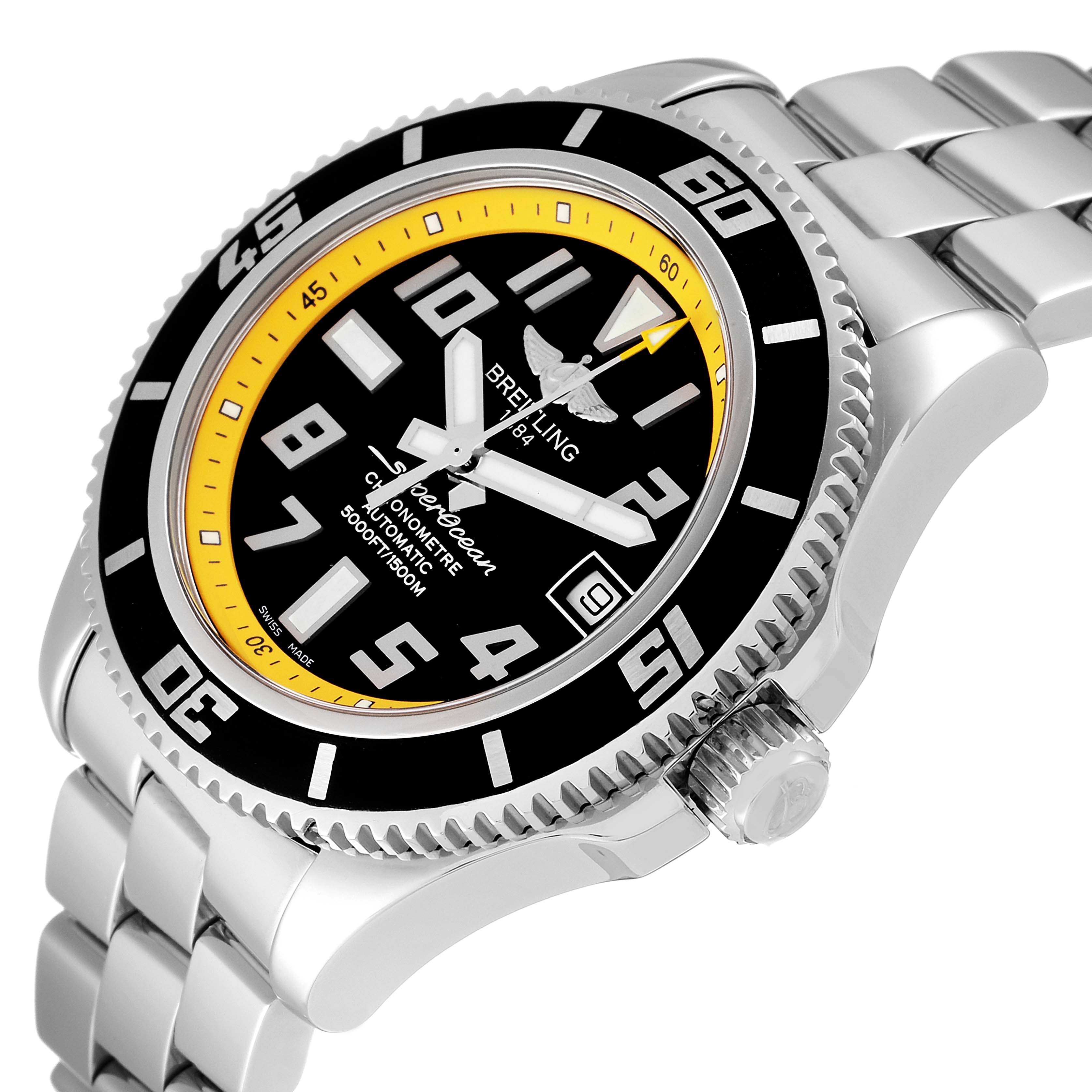 The Breitling Superocean A17364 Men's Stainless Steel Black Dial A17364 Men's Stainless Steel Black Dial watch is shown from a slightly tilted angle, highlighting the bezel, dial, and stainless steel bracelet.