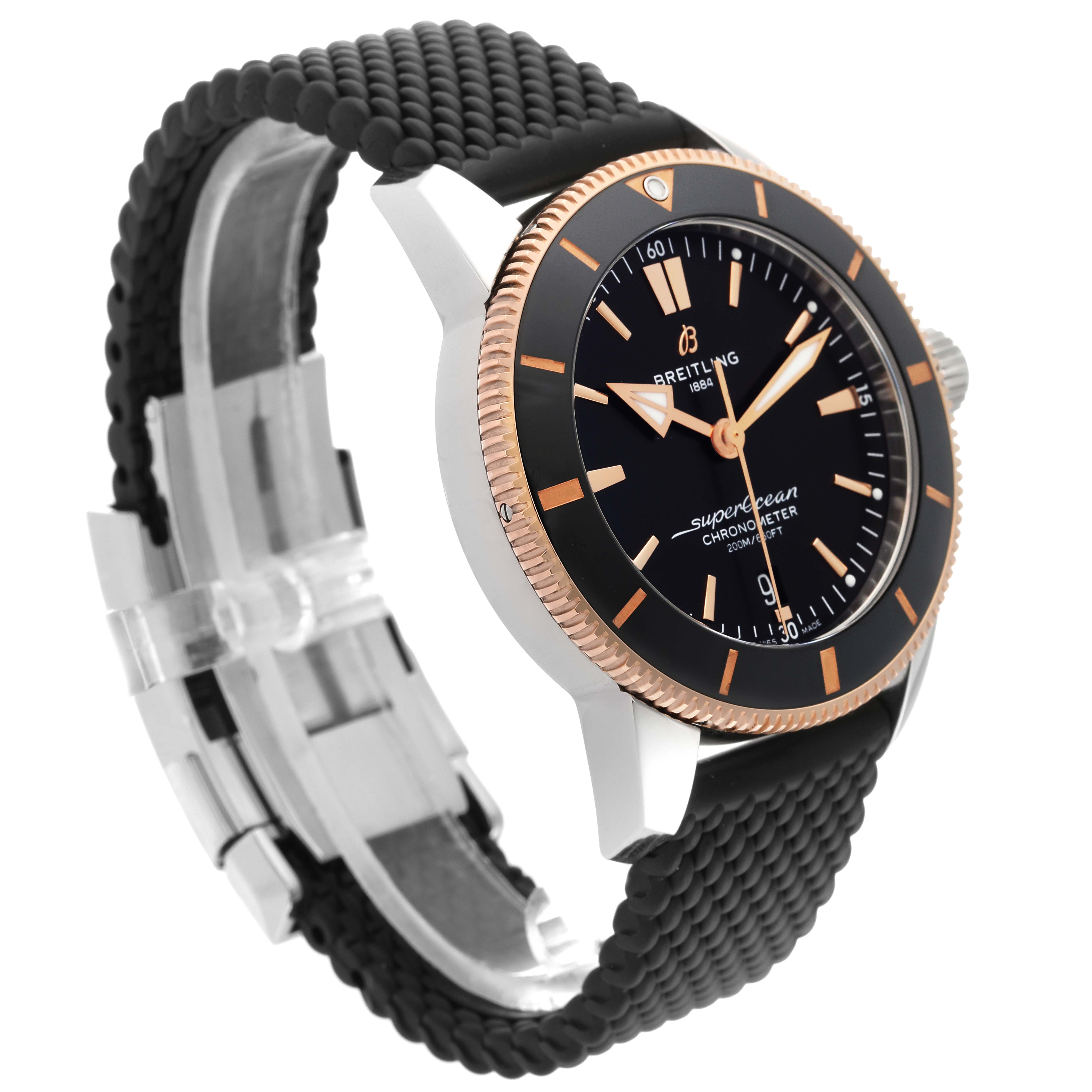 The watch is shown at a three-quarter angle, highlighting the Superocean's dial, bezel, and strap by Breitling.