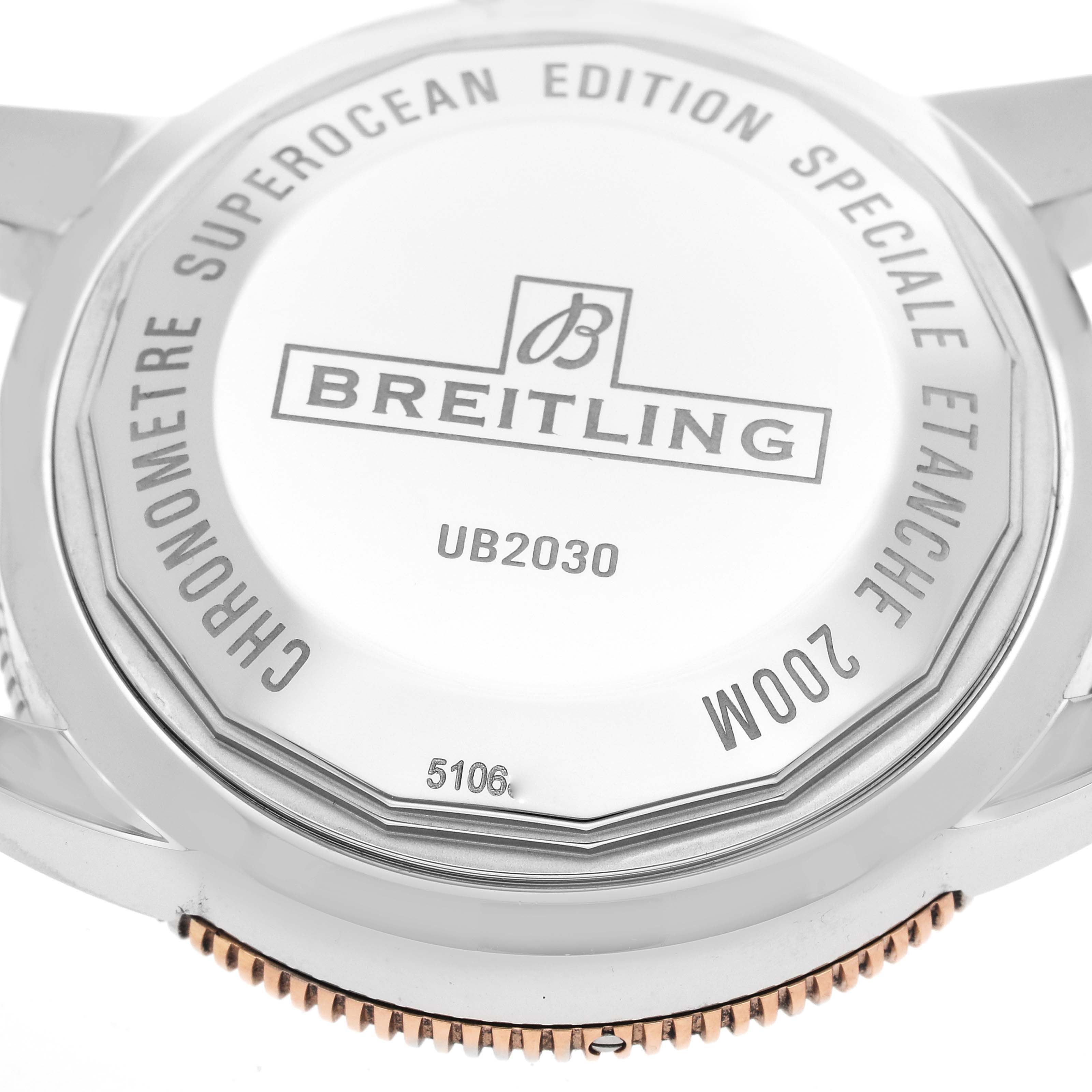The image shows the back case of a Breitling Superocean UB2030121B1S1 Men's Steel and Gold (two tone) Black Dial UB2030121B1S1 Men's Steel and Gold (two tone) Black Dial watch, highlighting the model number UB2030 and water resistance of 200M.