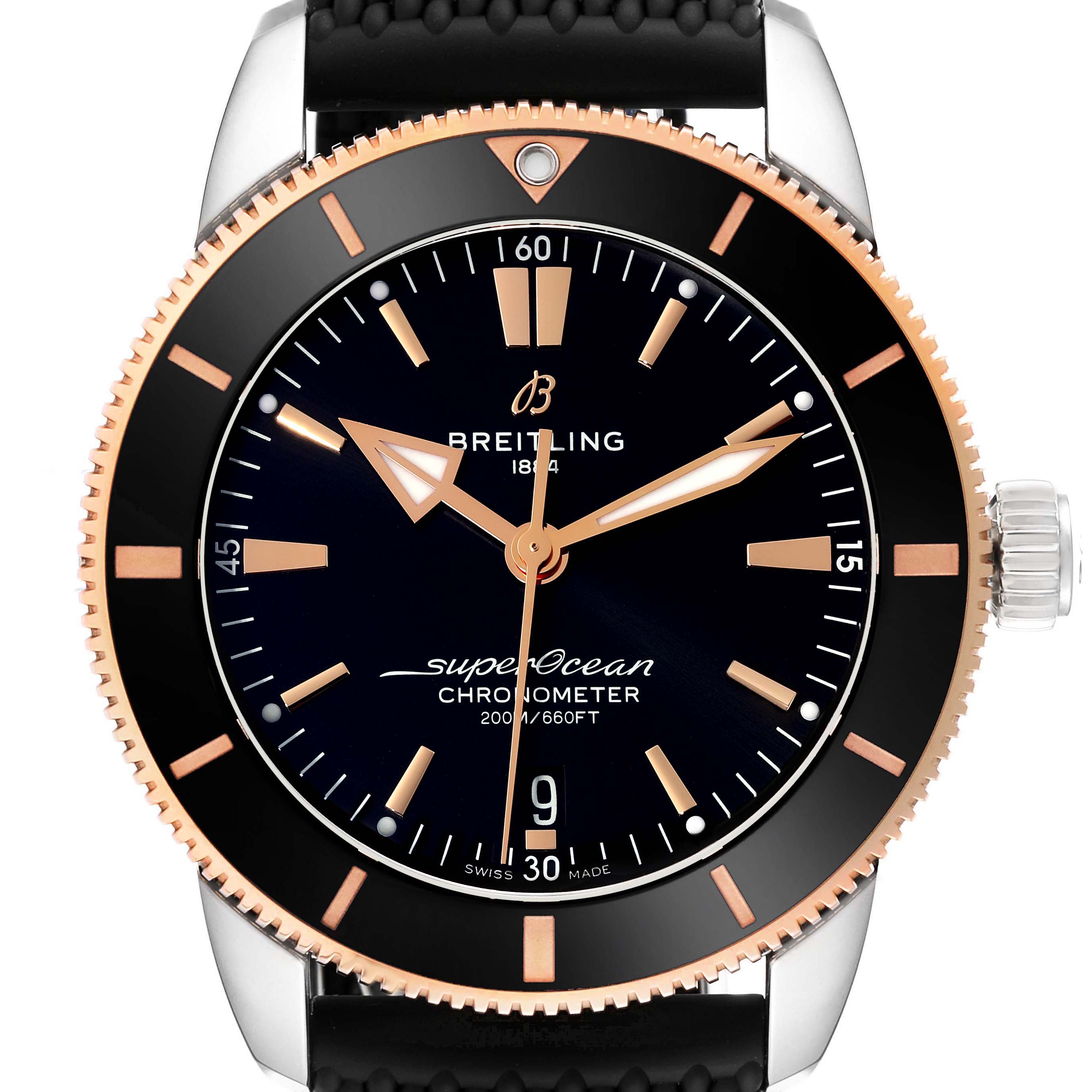 The image shows a front view of the Breitling Superocean UB2030121B1S1 Men's Steel and Gold (two tone) Black Dial UB2030121B1S1 Men's Steel and Gold (two tone) Black Dial watch, focusing on the dial, hands, bezel, and crown.