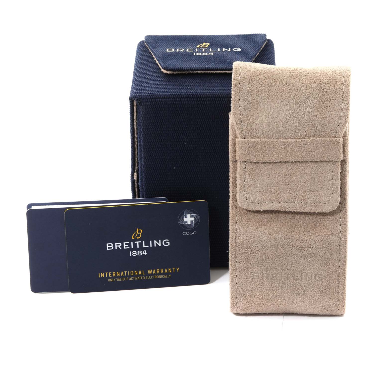 The image shows the packaging and warranty card for a Breitling Superocean UB2030121B1S1 Men's Steel and Gold (two tone) Black Dial UB2030121B1S1 Men's Steel and Gold (two tone) Black Dial watch, including a blue box and a beige pouch.