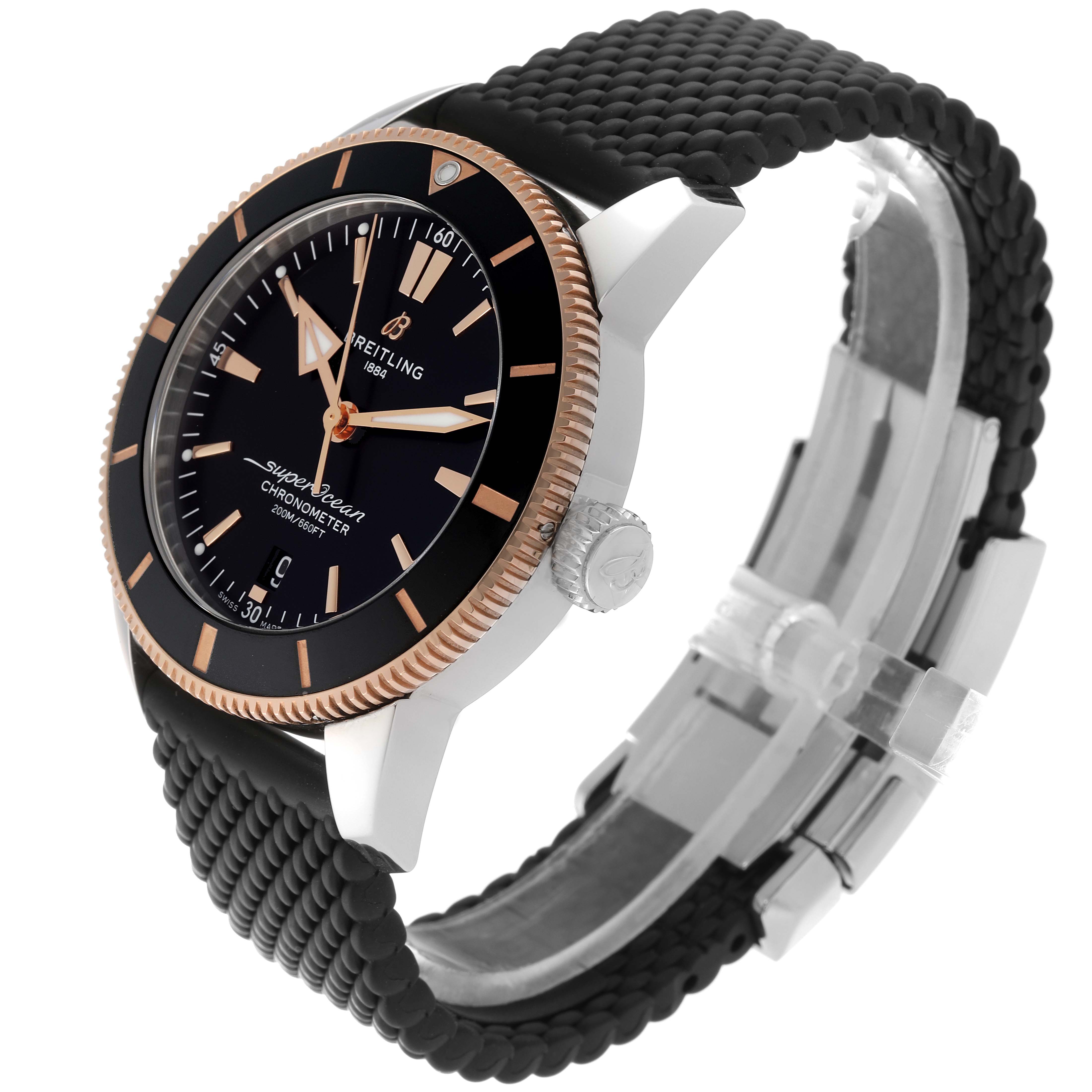 The Breitling Superocean UB2030121B1S1 Men's Steel and Gold (two tone) Black Dial UB2030121B1S1 Men's Steel and Gold (two tone) Black Dial watch is shown at an angled side view, displaying the face, bezel, crown, and textured strap.