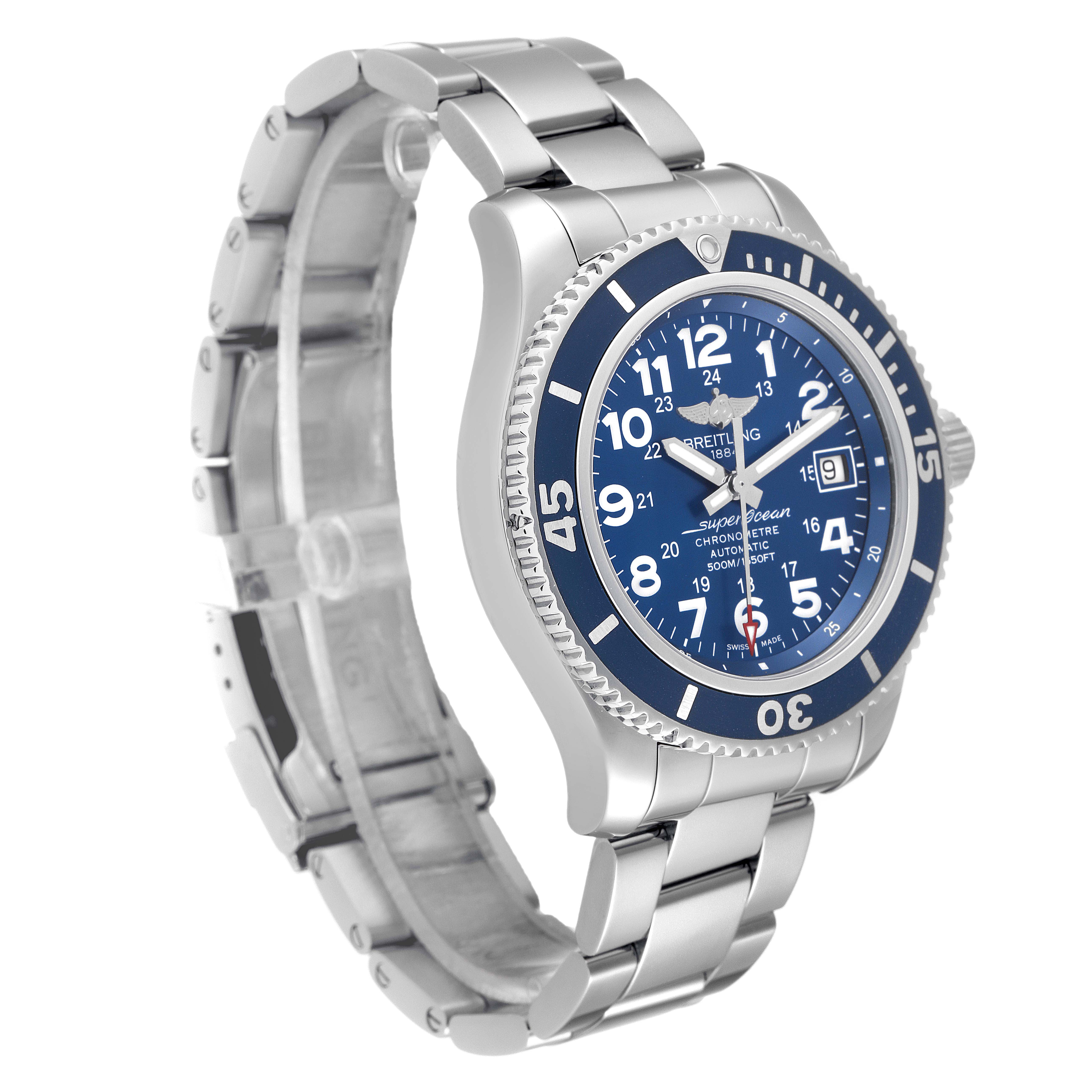 This image shows a Breitling Superocean A17391 Men's Stainless Steel Blue Dial A17391 Men's Stainless Steel Blue Dial watch from a front angle, displaying its blue dial, bezel, and metal bracelet.
