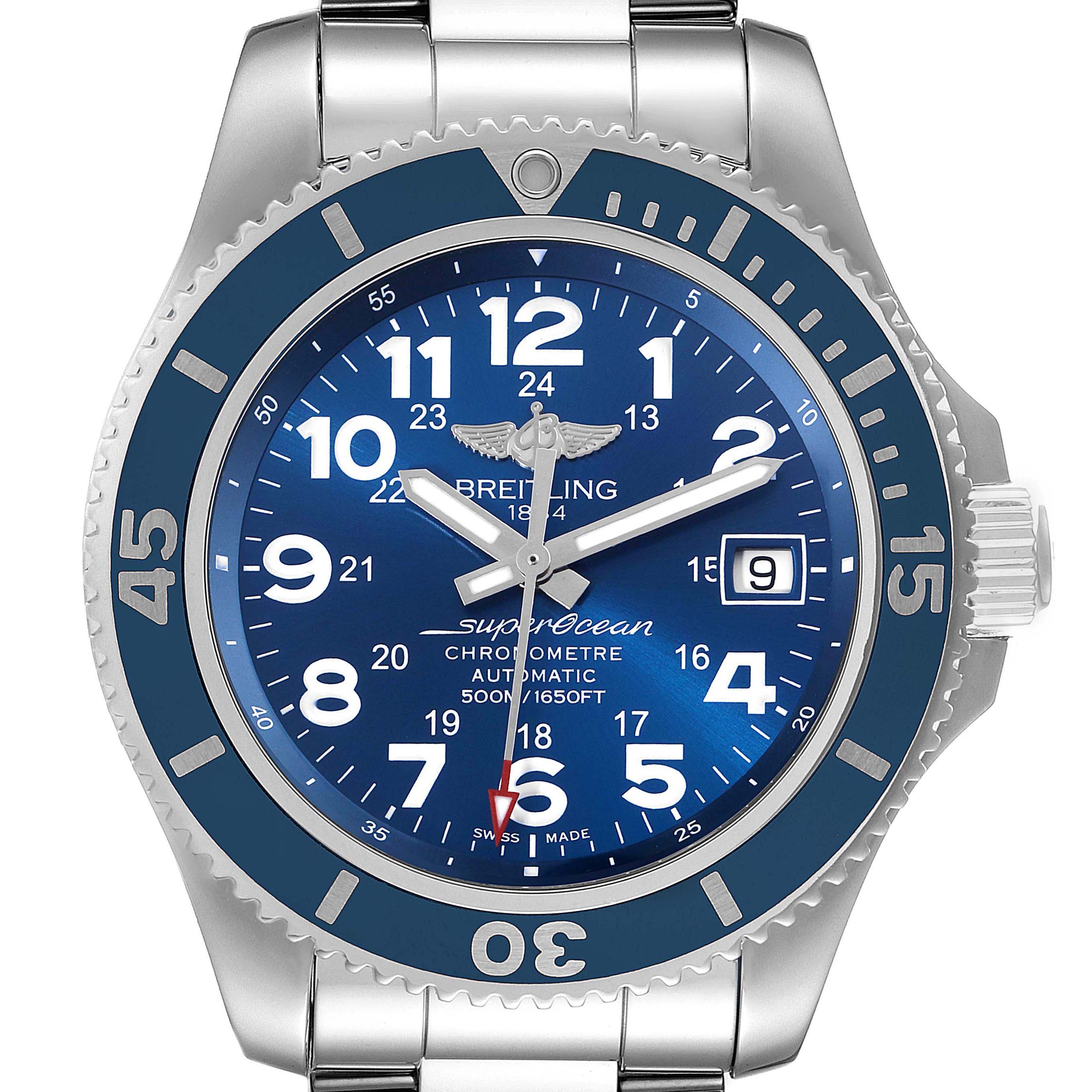 The image shows a Breitling Superocean A17391 Men's Stainless Steel Blue Dial A17391 Men's Stainless Steel Blue Dial watch from a frontal angle, highlighting the dial, bezel, hands, and part of the bracelet.