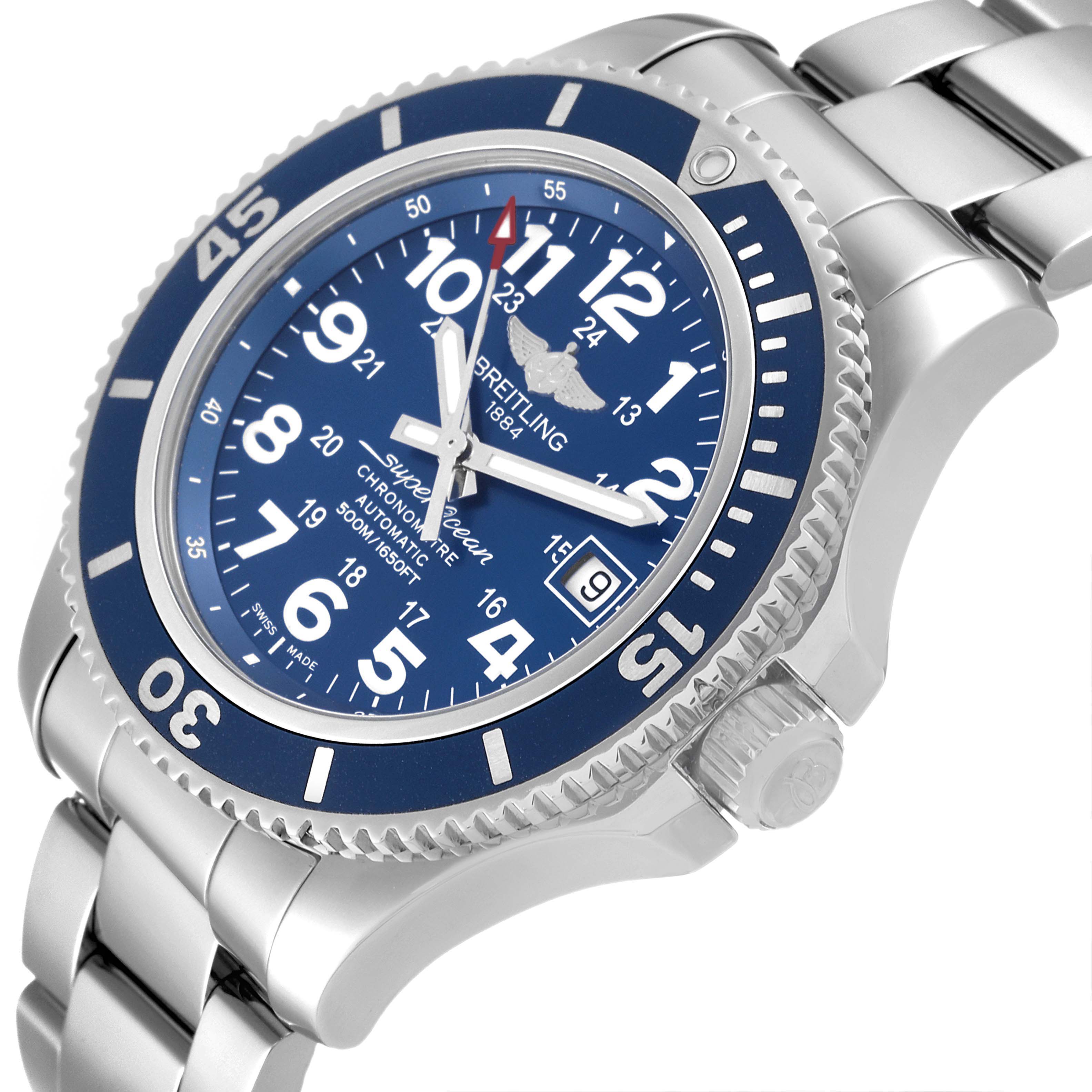 The image shows a side angle of the Breitling Superocean A17391 Men's Stainless Steel Blue Dial A17391 Men's Stainless Steel Blue Dial watch, highlighting its blue face, bezel, and stainless steel bracelet.