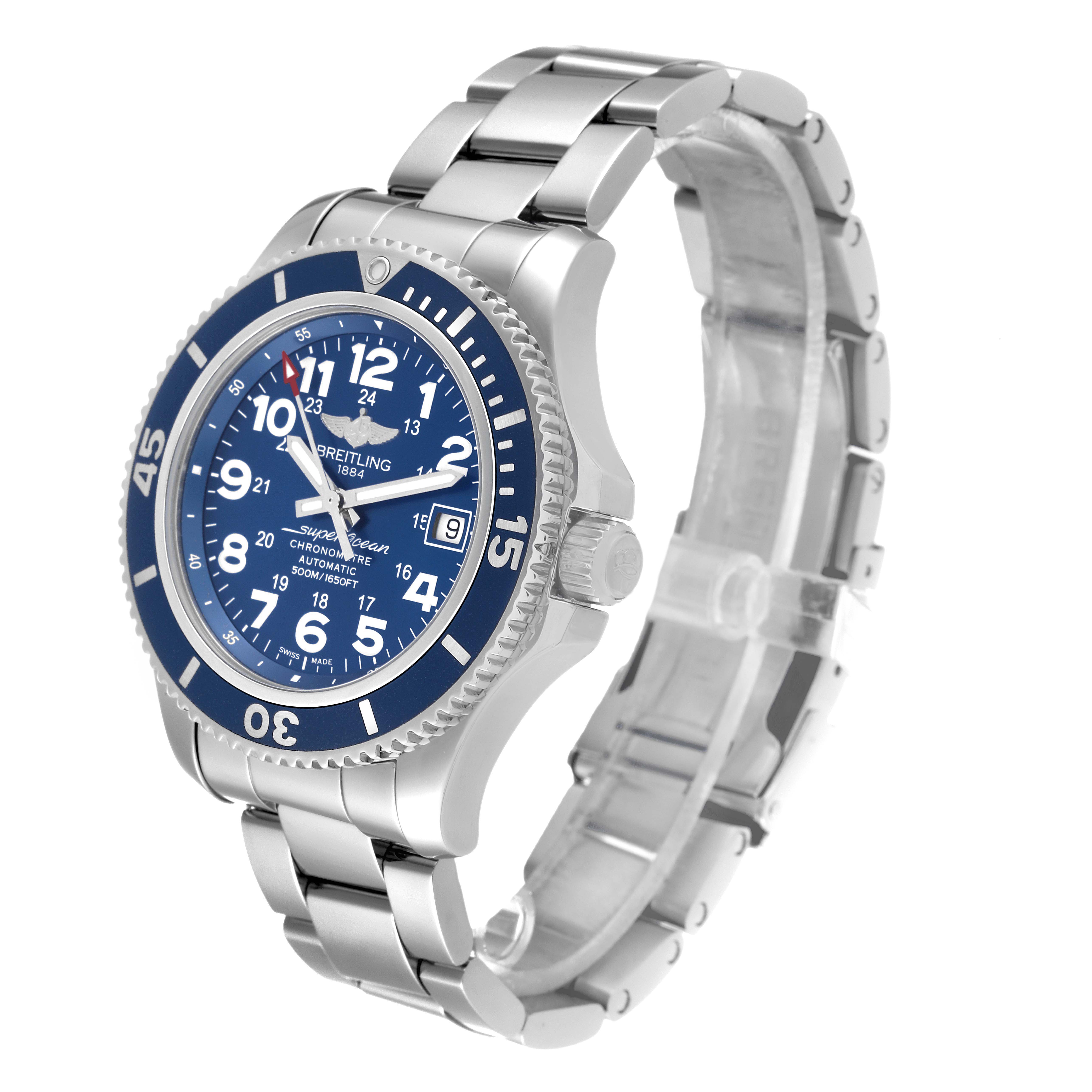 The Breitling Superocean A17391 Men's Stainless Steel Blue Dial A17391 Men's Stainless Steel Blue Dial watch is shown at a three-quarter angle, displaying the face, bezel, crown, and part of the stainless steel bracelet.