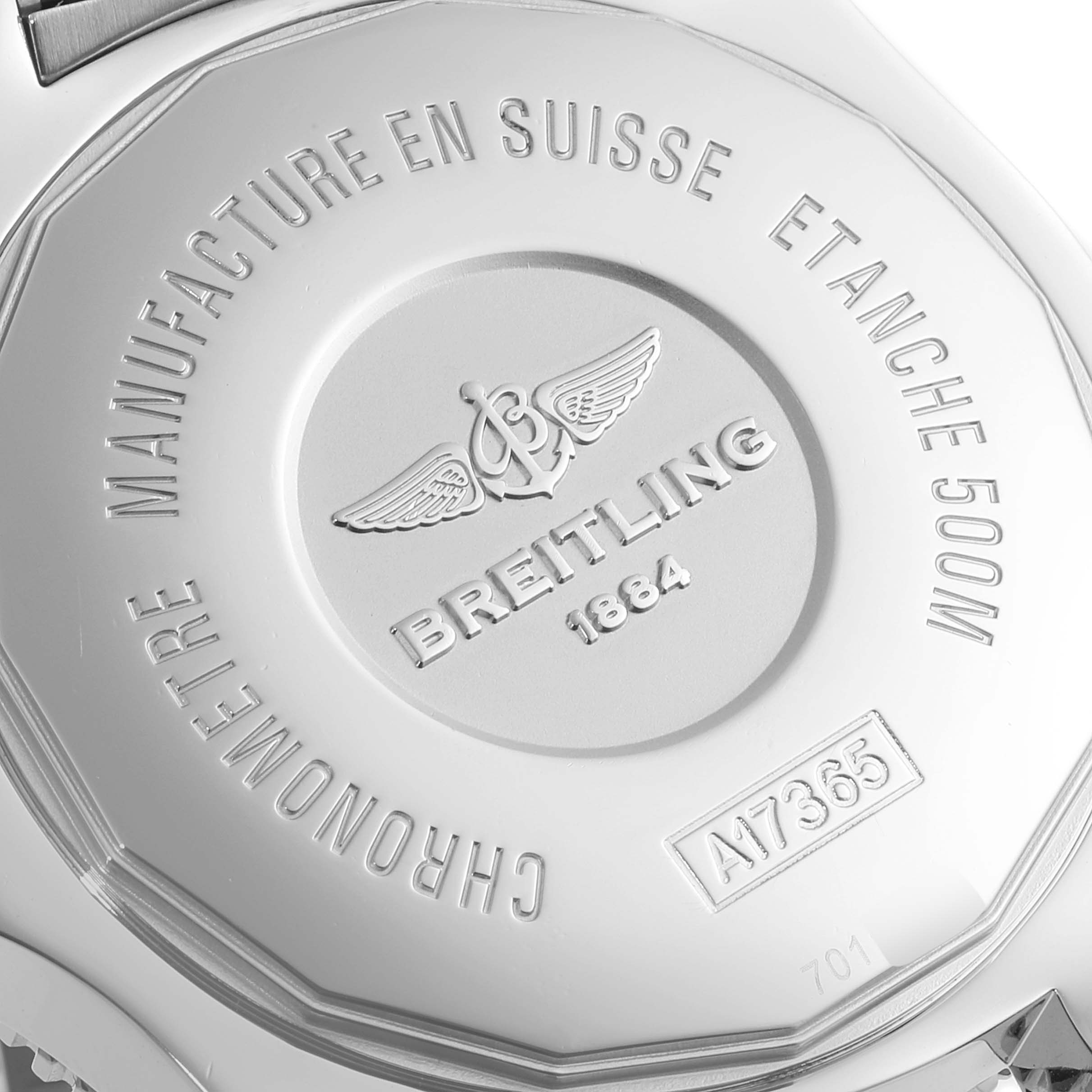 The image shows the back case of a Breitling Superocean A17391 Men's Stainless Steel Blue Dial A17391 Men's Stainless Steel Blue Dial watch, displaying branding, model number, and specifications.