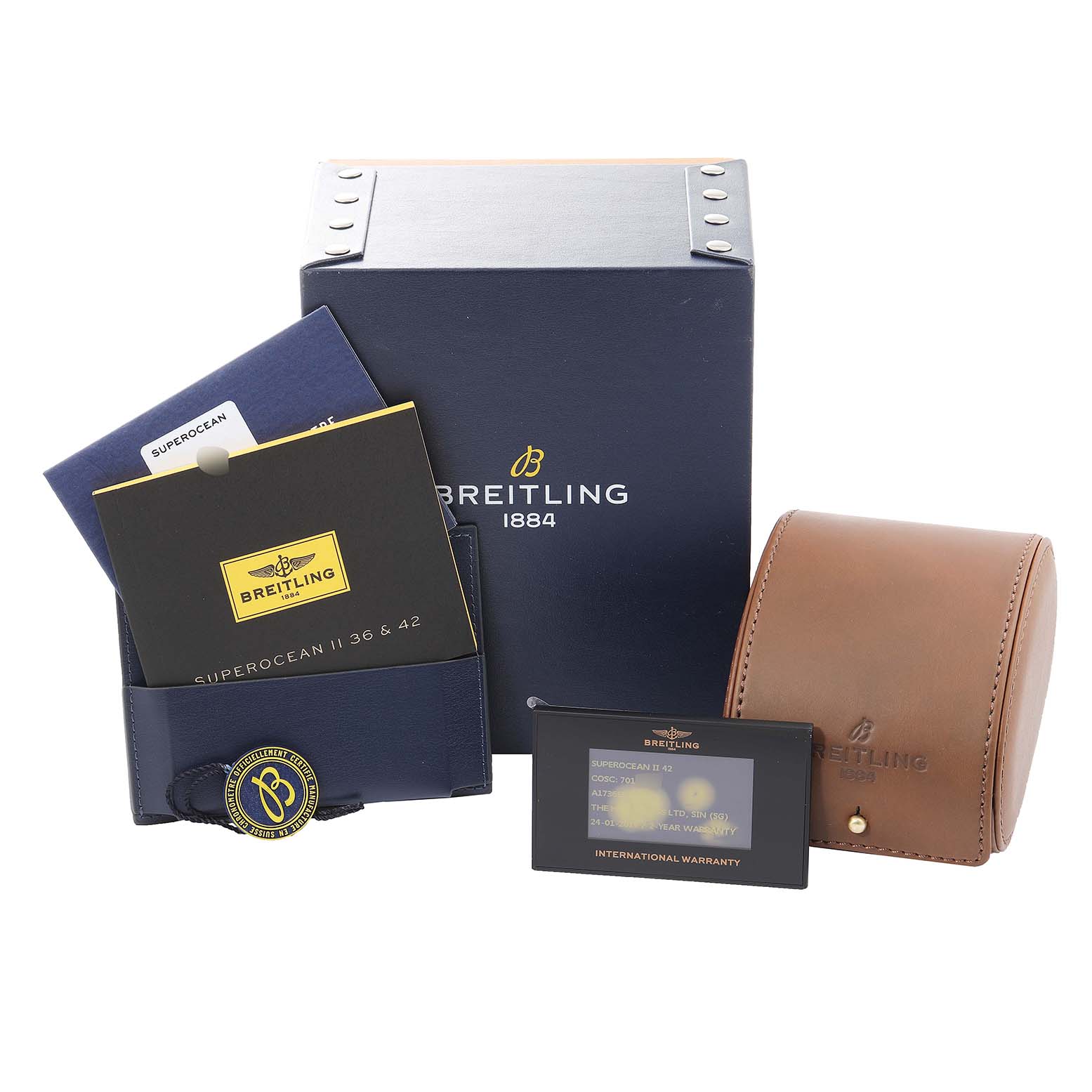 The image shows the packaging and accessories for a Breitling Superocean A17391 Men's Stainless Steel Blue Dial A17391 Men's Stainless Steel Blue Dial watch, including the box, warranty card, and case at a front angle.
