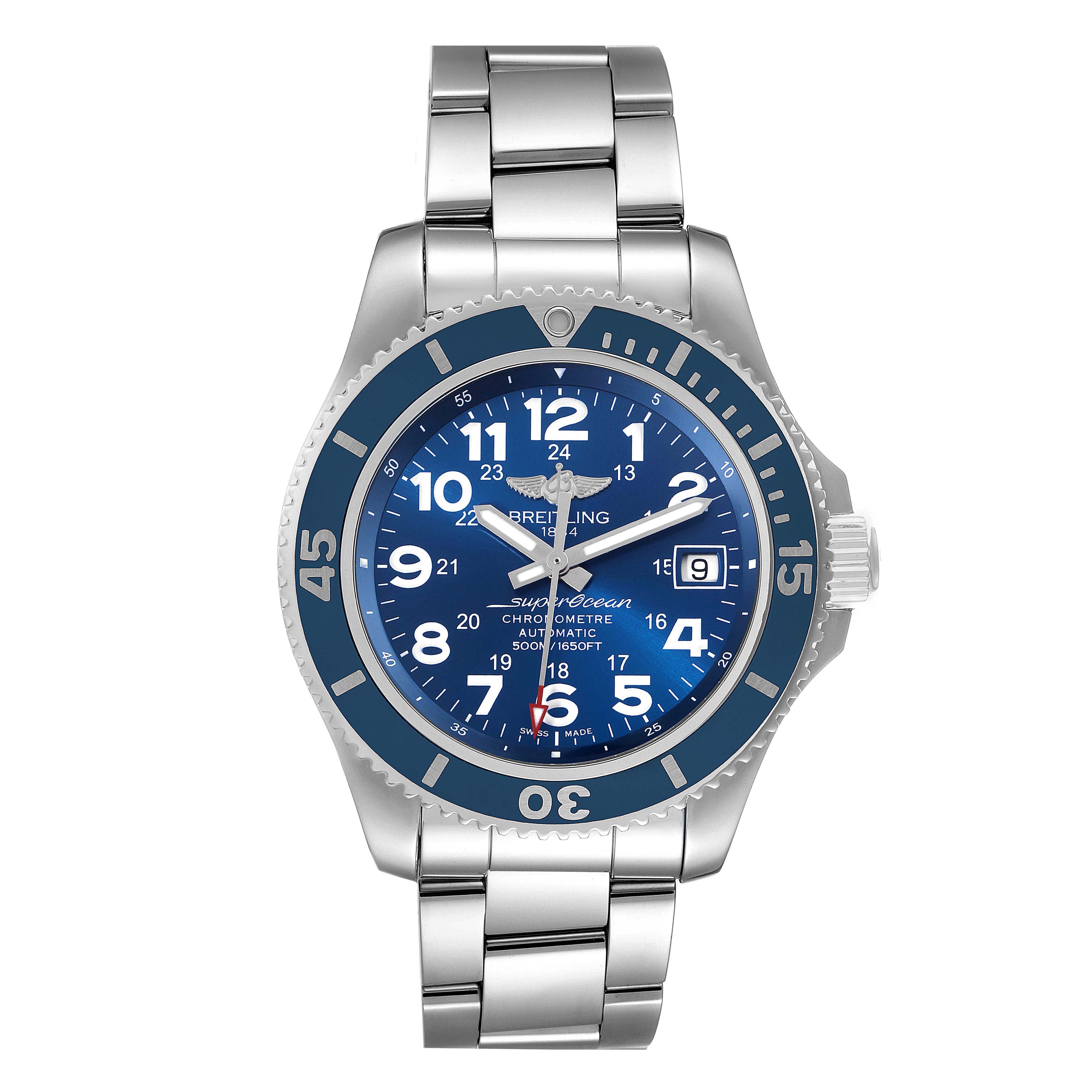 The image shows a front view of the Breitling Superocean A17391 Men's Stainless Steel Blue Dial A17391 Men's Stainless Steel Blue Dial watch, displaying its blue dial, bezel, and metal bracelet.