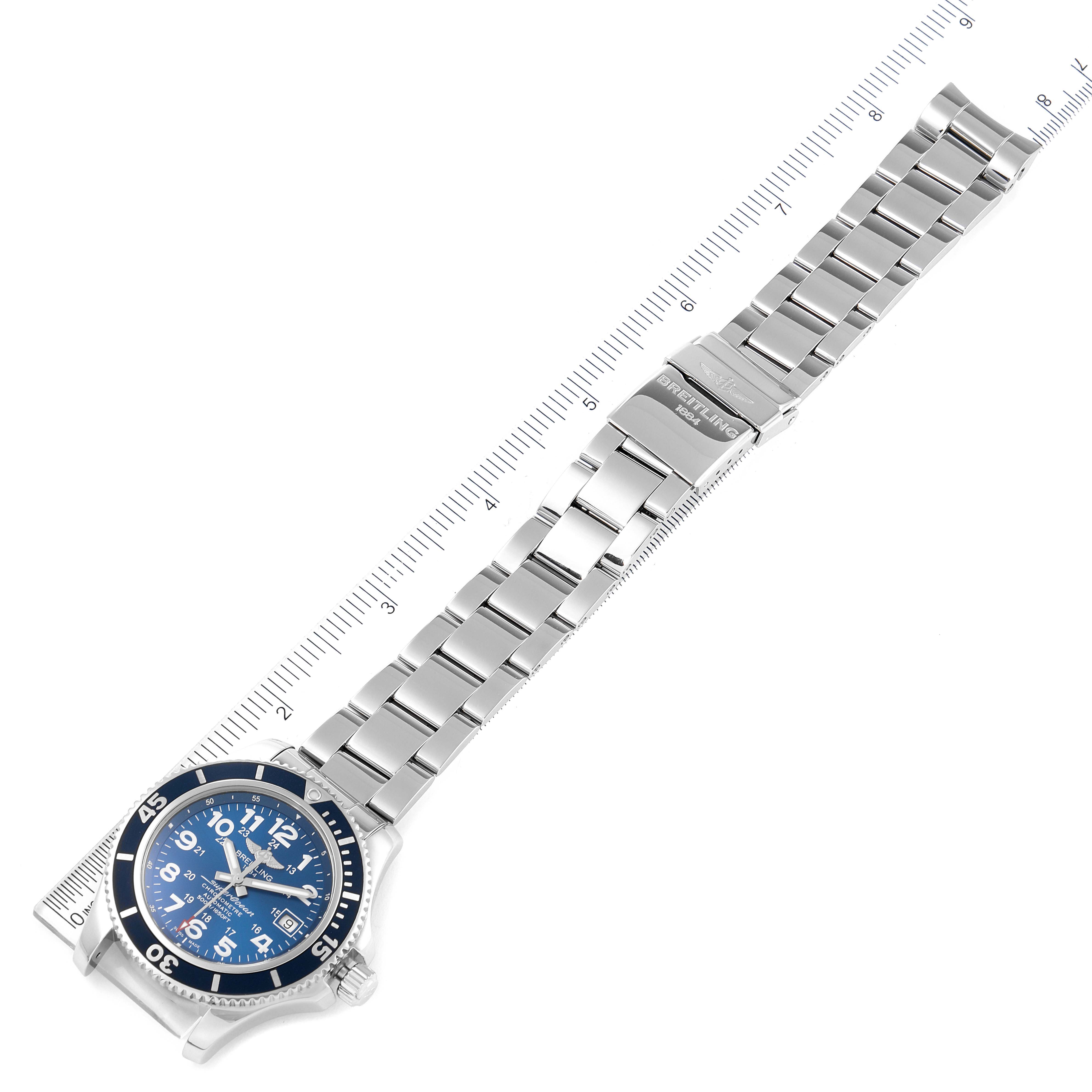 The Breitling Superocean A17391 Men's Stainless Steel Blue Dial A17391 Men's Stainless Steel Blue Dial watch is shown from a top-down angle, highlighting its blue dial, stainless steel bracelet, and folding clasp.