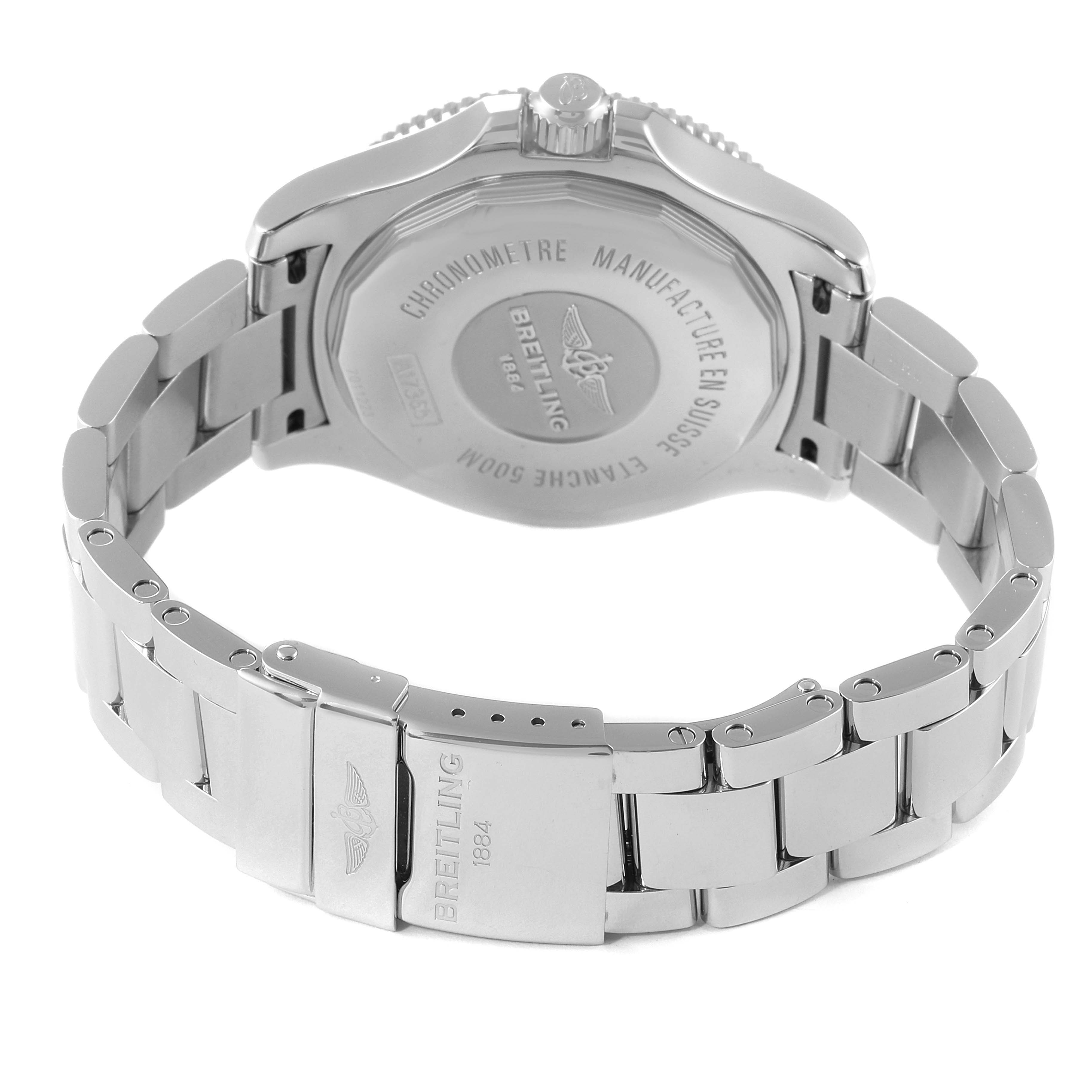 This image shows the back case and bracelet of a Breitling Superocean A17391 Men's Stainless Steel Blue Dial A17391 Men's Stainless Steel Blue Dial watch at an angle highlighting the clasp and engravings.