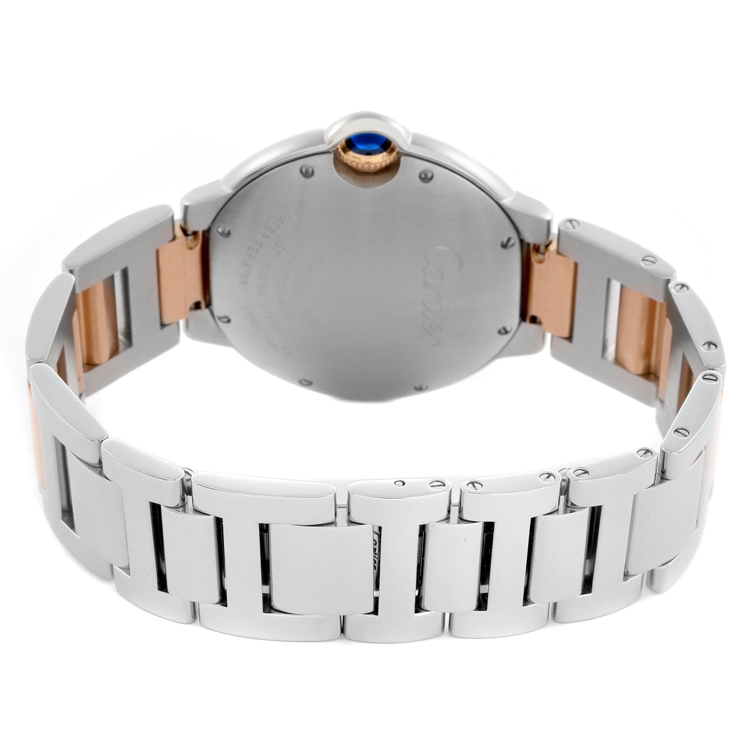The Cartier Ballon Bleu W3BB0018 Women
s Steel and Gold (two tone) White Dial W3BB0018 Women
s Steel and Gold (two tone) White Dial watch is shown from the back, highlighting the stainless steel case and bracelet with gold accents.