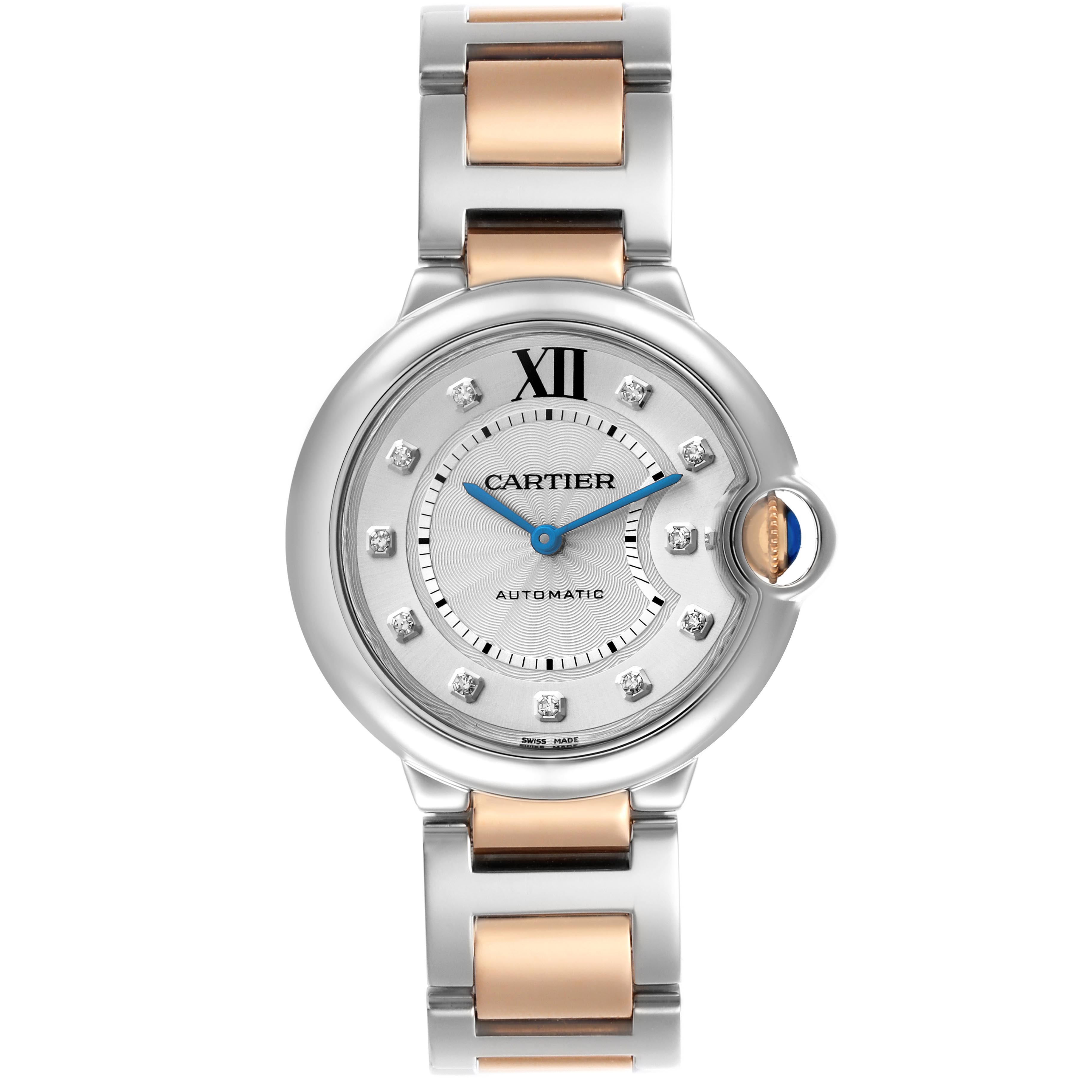 The Cartier Ballon Bleu W3BB0018 Women
s Steel and Gold (two tone) White Dial W3BB0018 Women
s Steel and Gold (two tone) White Dial watch is shown in a top-down view, highlighting the face, dial, and two-tone bracelet.