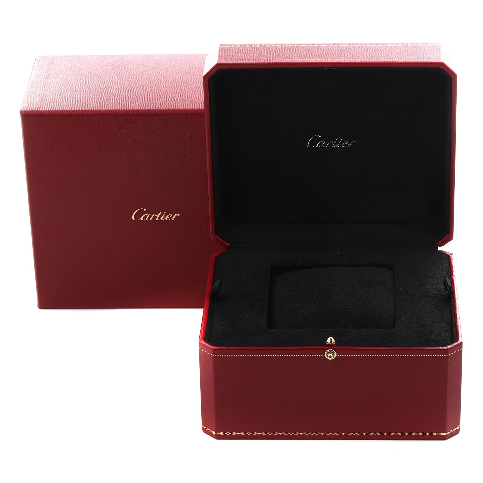 The image shows an open Cartier Ballon Bleu W3BB0018 Women
s Steel and Gold (two tone) White Dial W3BB0018 Women
s Steel and Gold (two tone) White Dial watch box with a red exterior and a black interior, viewed from the front.