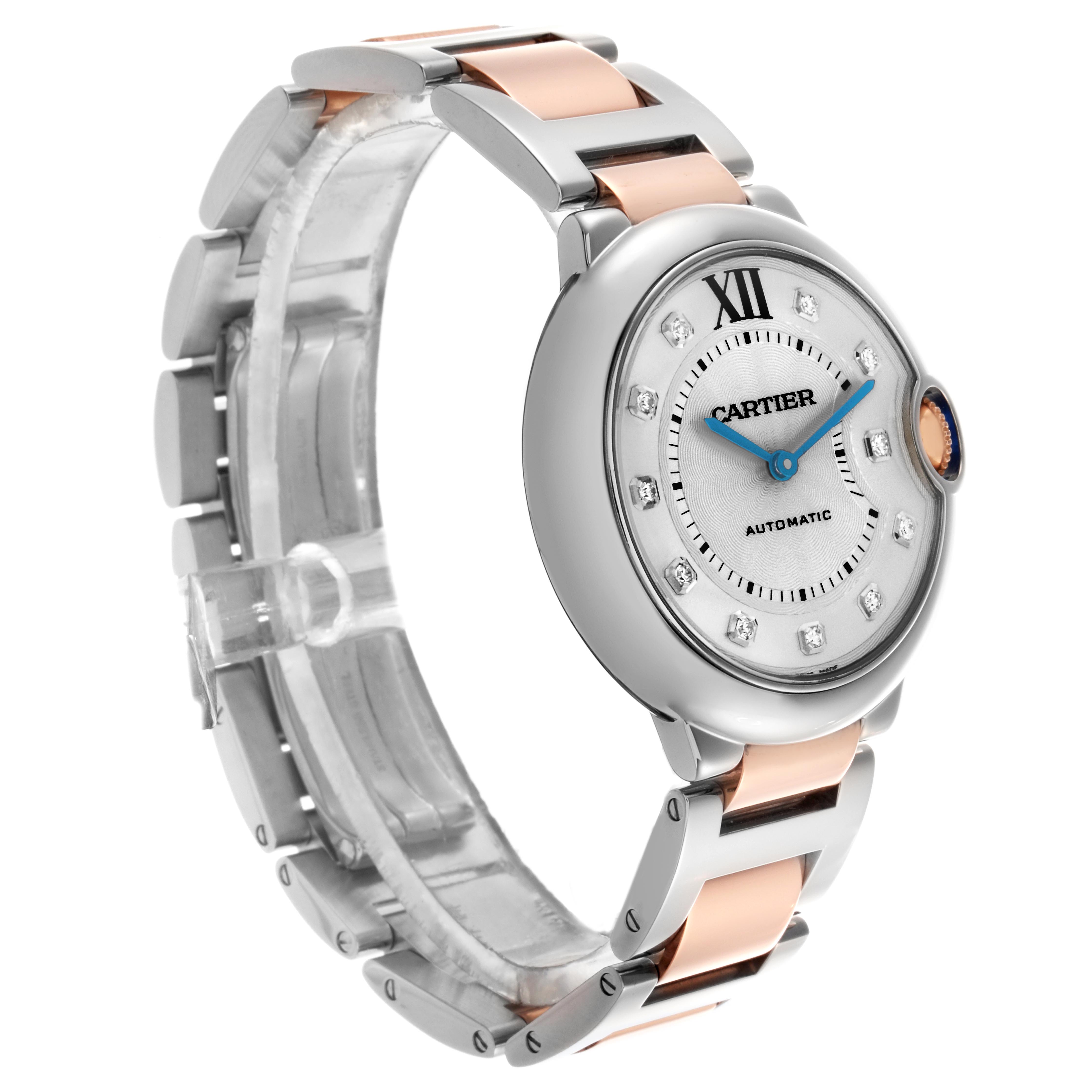 The Cartier Ballon Bleu W3BB0018 Women
s Steel and Gold (two tone) White Dial W3BB0018 Women
s Steel and Gold (two tone) White Dial watch is shown at a front-side angle, highlighting its bracelet, crown, and face.