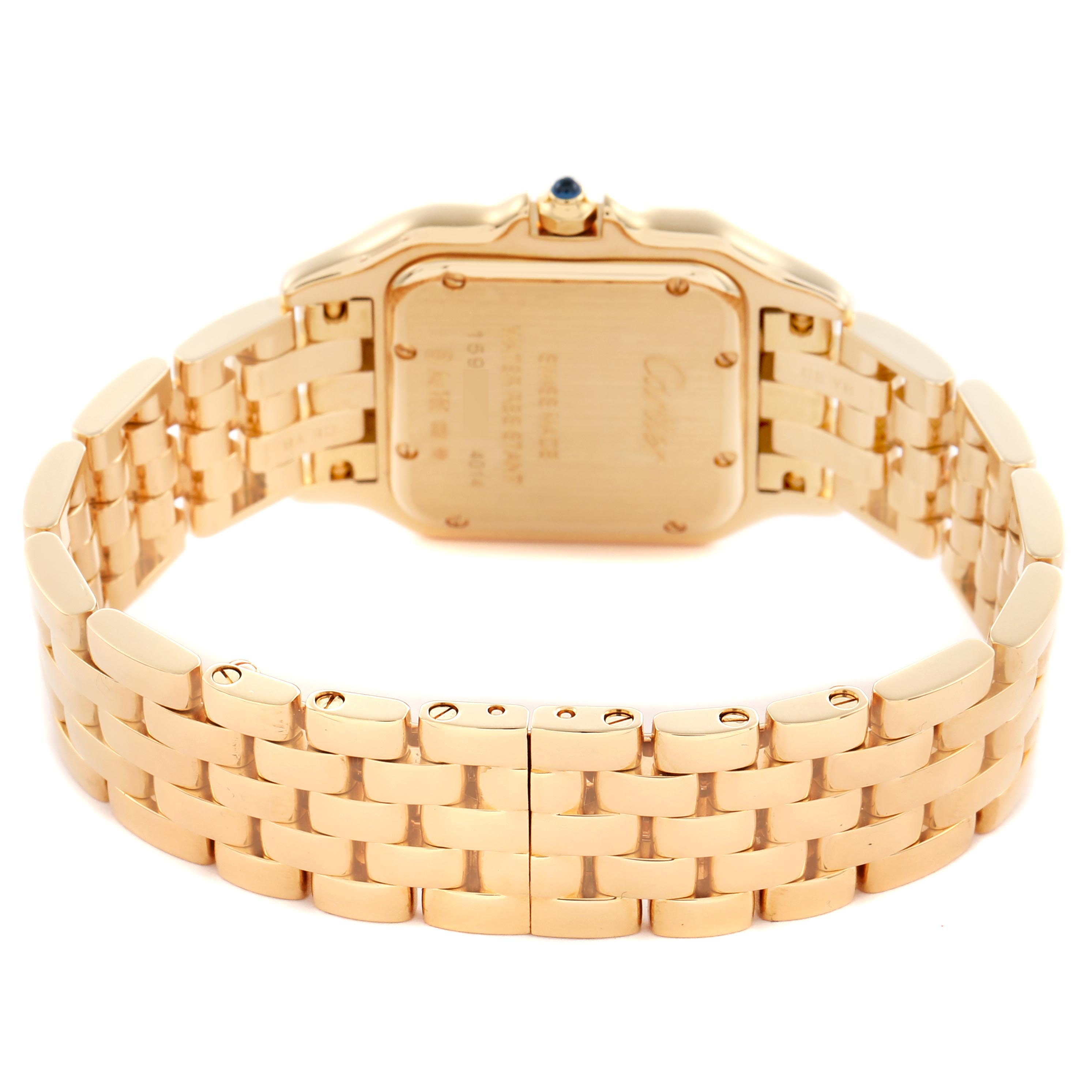 The image shows the back view of the Cartier Panthère watch, highlighting its gold bracelet and case back.
