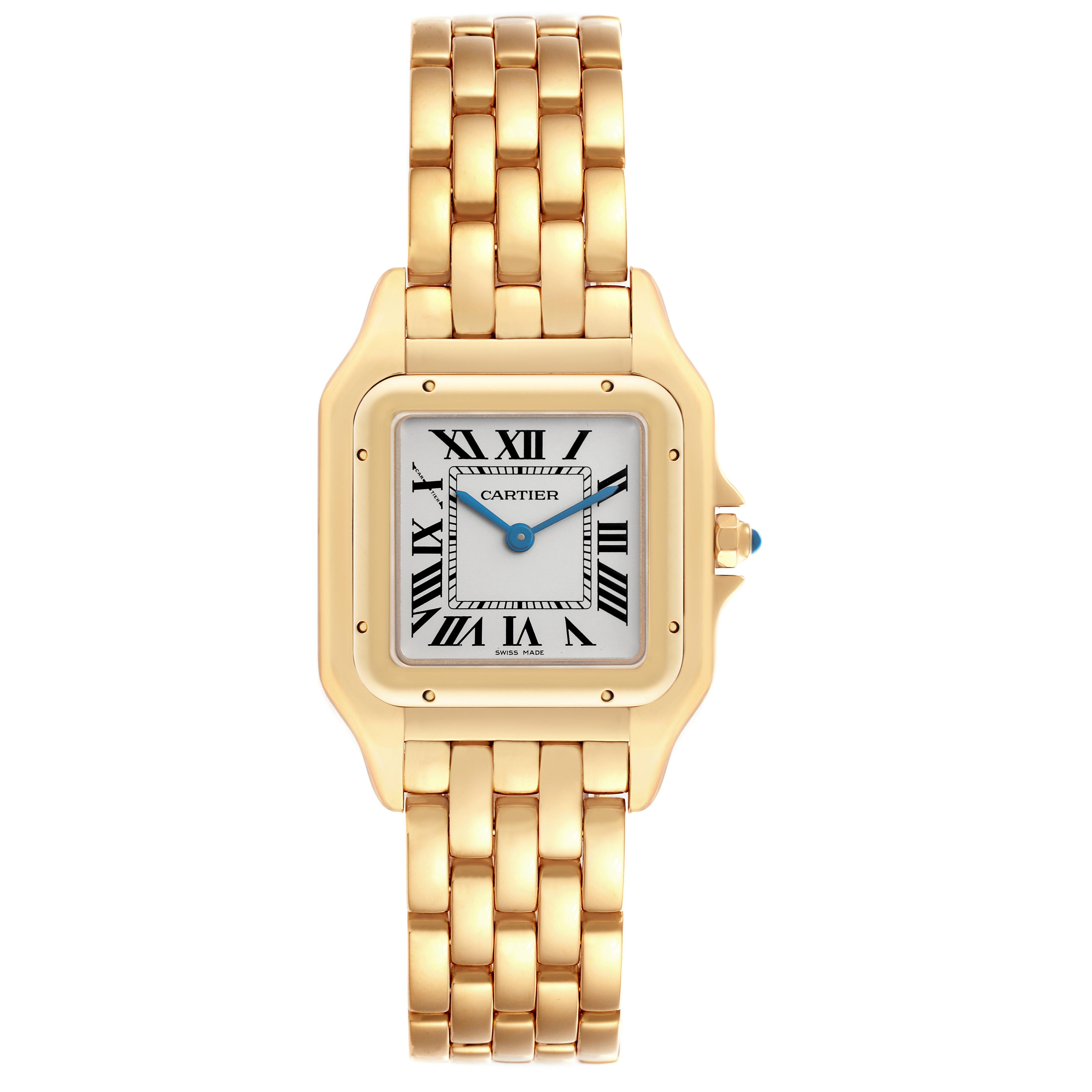 The image shows a Cartier Panthere WGPN0009 Women
s Yellow Gold Silver Dial WGPN0009 Women
s Yellow Gold Silver Dial watch from a front angle, highlighting the gold case, bracelet, Roman numerals, and blue hands.