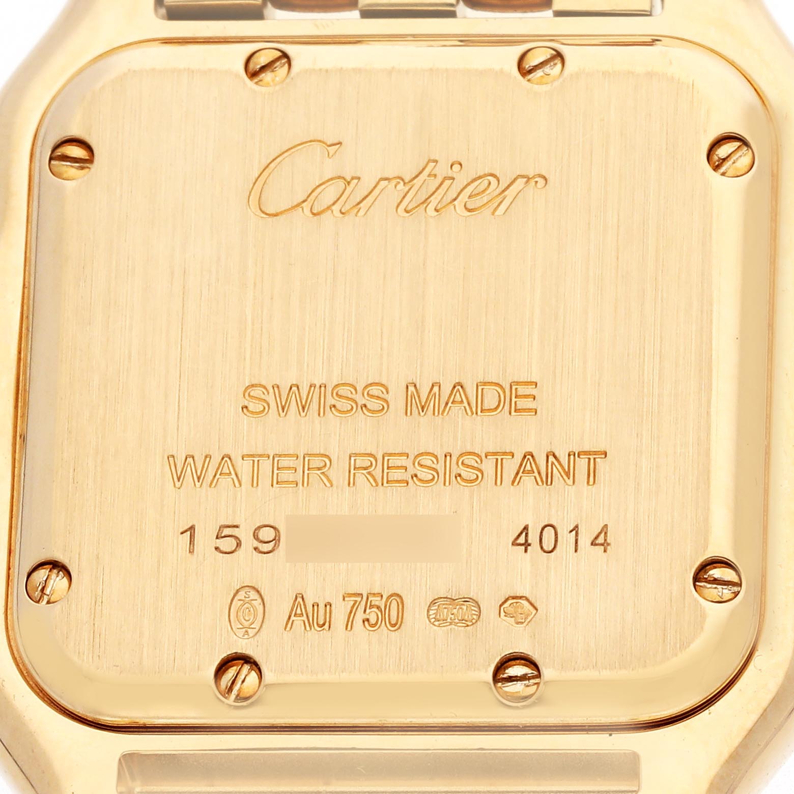The image shows the case back of a Cartier Panthère watch, highlighting screws and inscriptions.