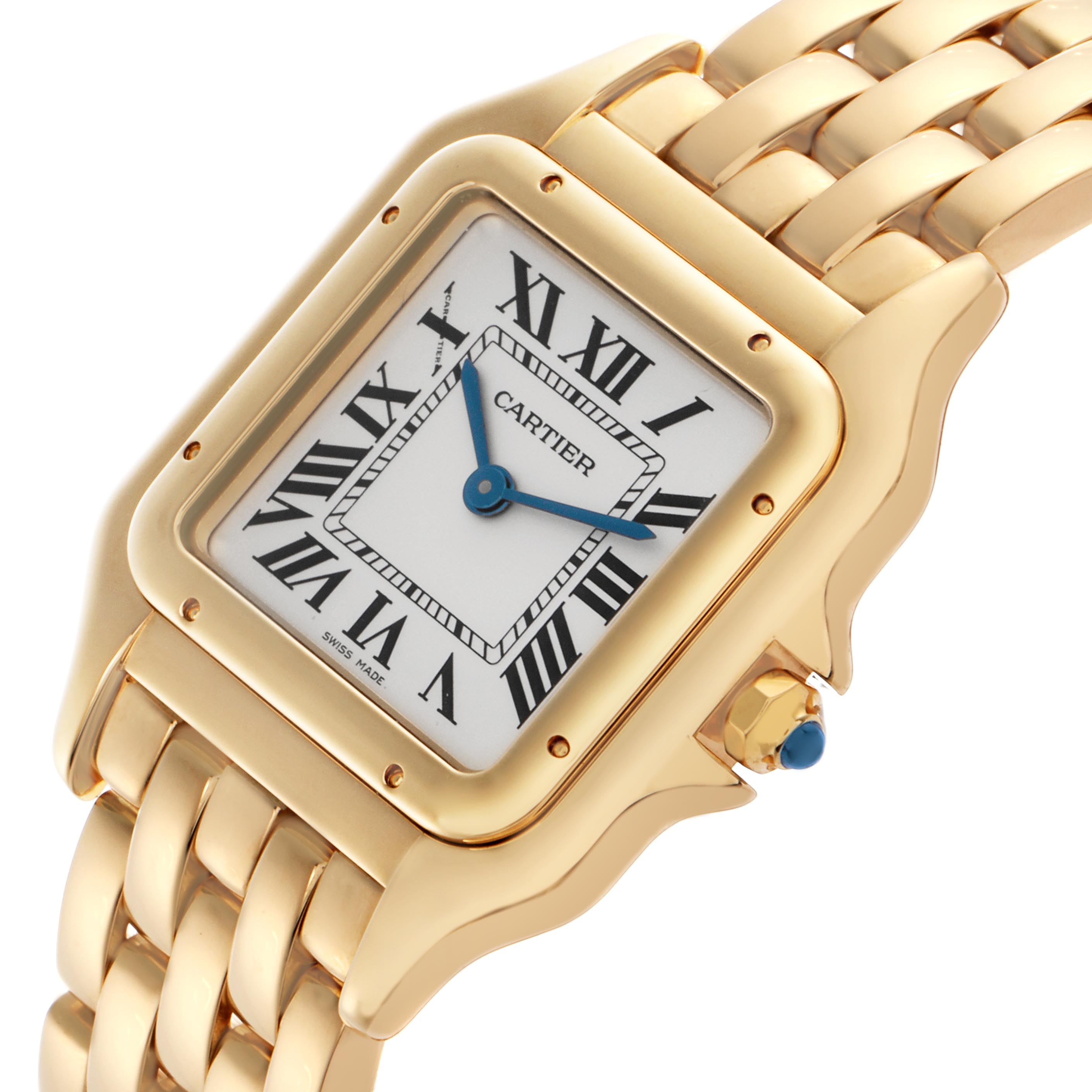 The Cartier Panthere WGPN0009 Women
s Yellow Gold Silver Dial WGPN0009 Women
s Yellow Gold Silver Dial watch is shown from a side angle, highlighting the gold case, Roman numeral dial, bracelet, and crown detail.