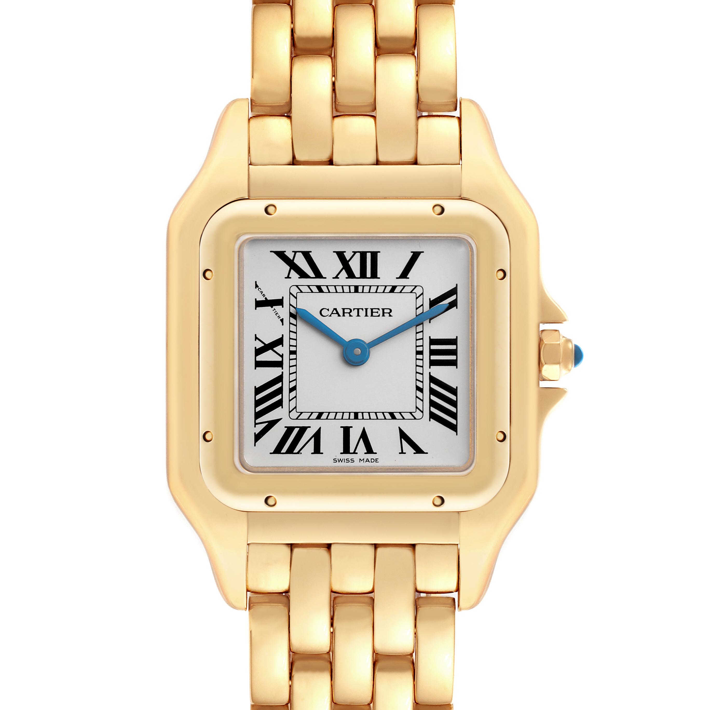 The Cartier Panthere WGPN0009 Women
s Yellow Gold Silver Dial WGPN0009 Women
s Yellow Gold Silver Dial watch is shown from a front angle, displaying its square face, Roman numerals, and linked bracelet.