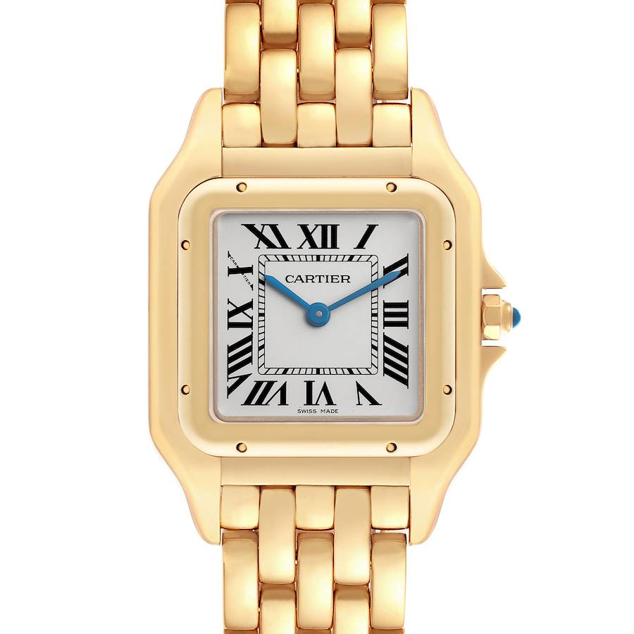 The Cartier Panthere watch is shown from a front angle, displaying its square face, Roman numerals, and linked bracelet.