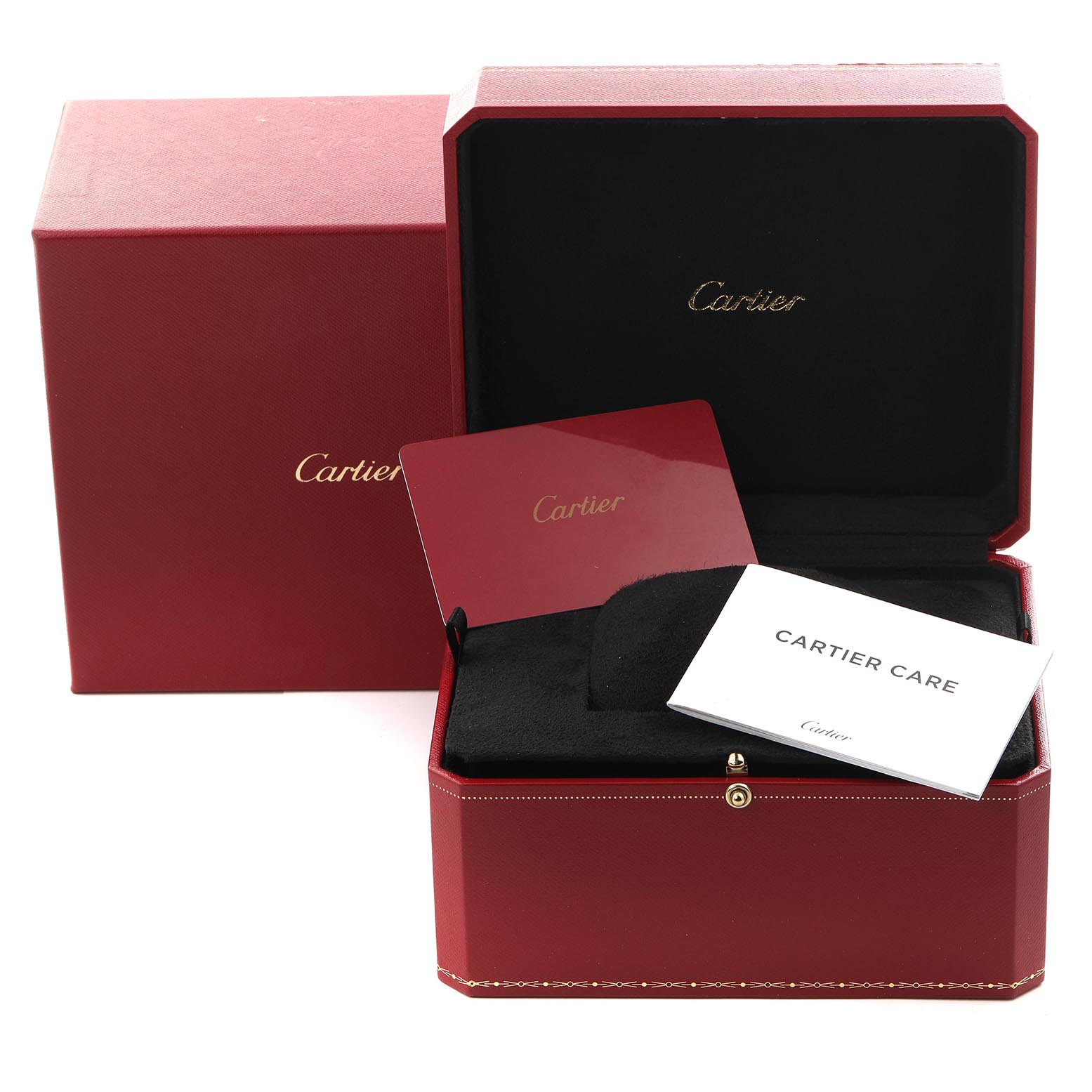 The image shows the packaging for a Panthere model by Cartier, including a red box, cushion, and Cartier Care booklet.