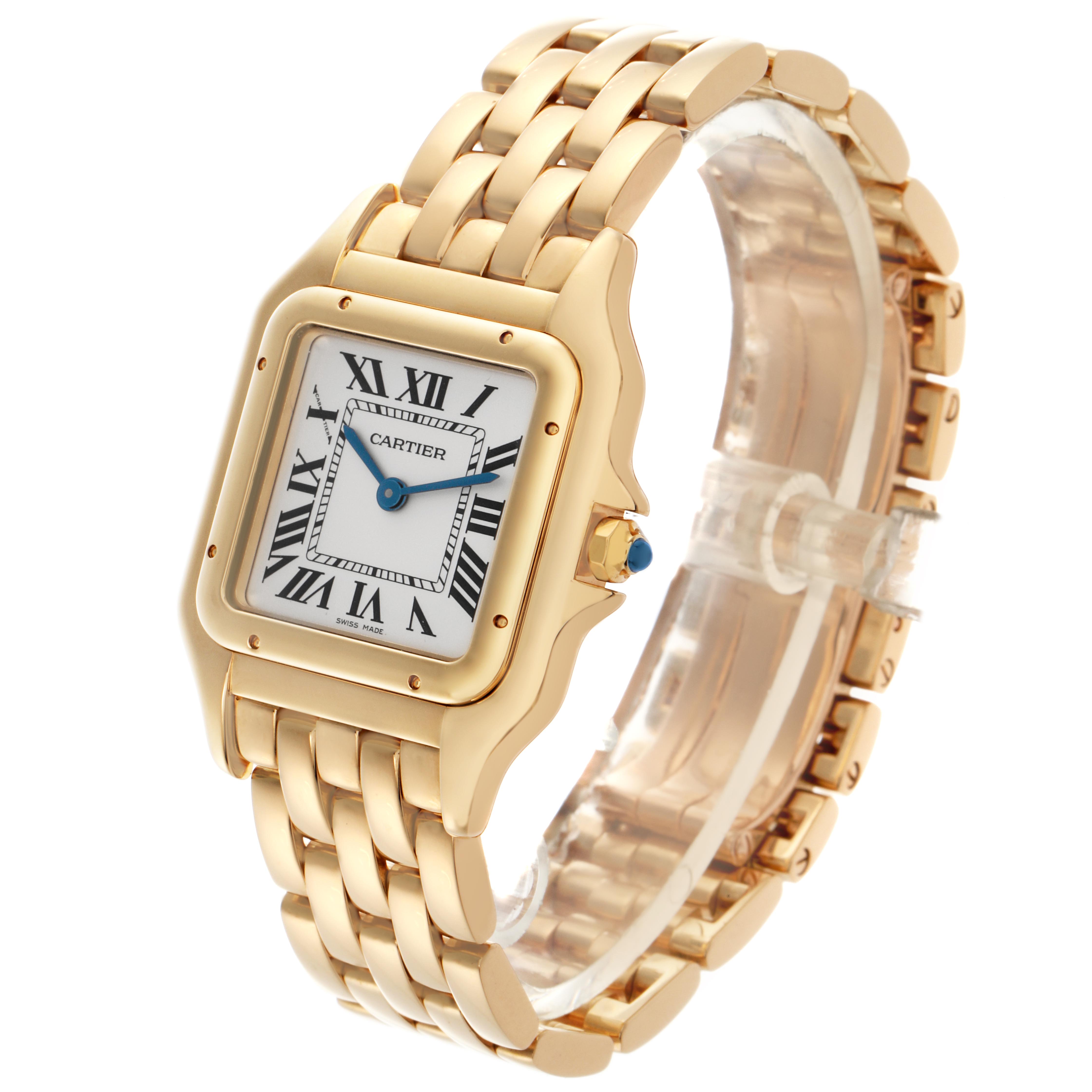 The Cartier Panthere WGPN0009 Women
s Yellow Gold Silver Dial WGPN0009 Women
s Yellow Gold Silver Dial watch is shown at a slight angle, highlighting the gold case, bracelet, and Roman numeral dial.