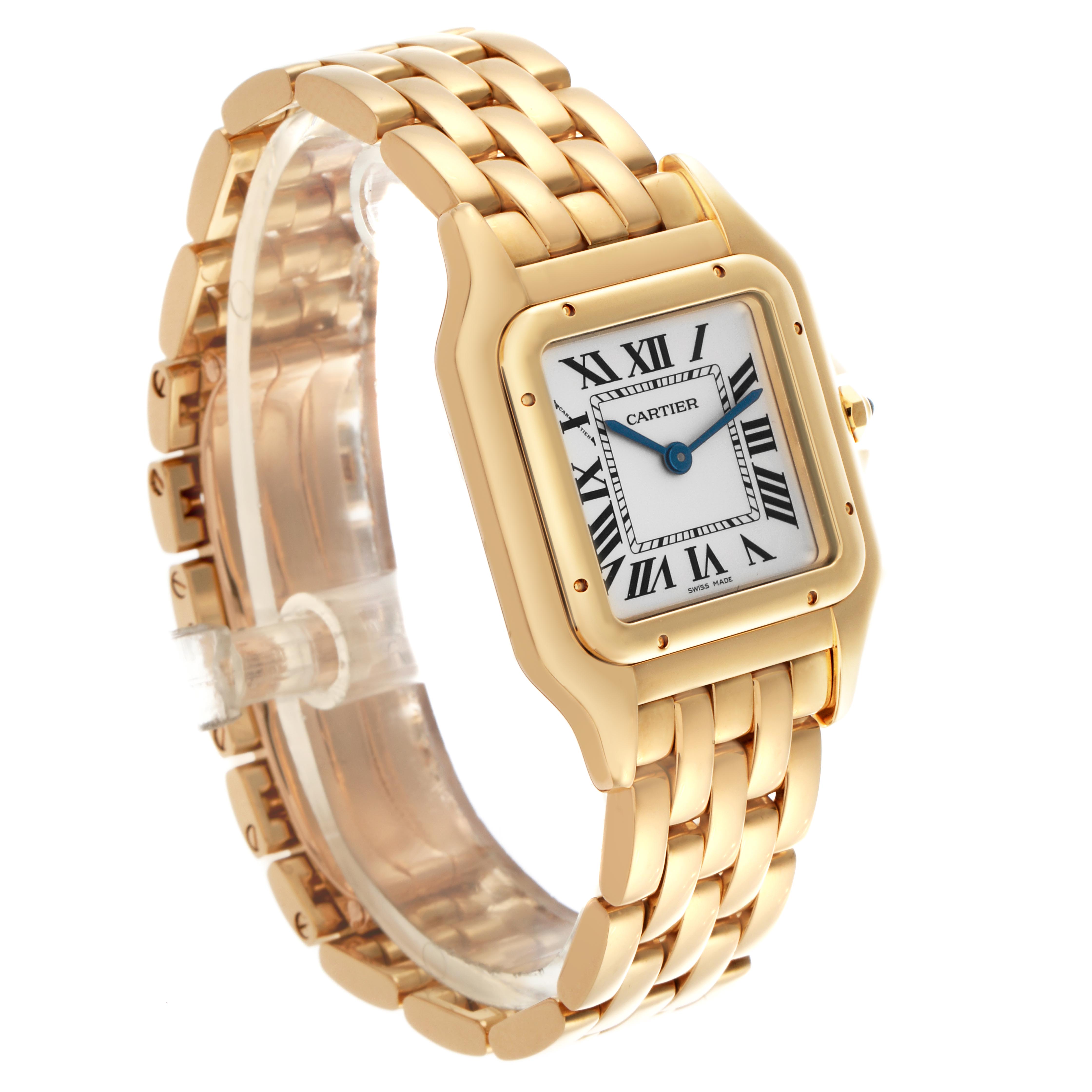 The watch is a Cartier Panthere WGPN0009 Women
s Yellow Gold Silver Dial WGPN0009 Women
s Yellow Gold Silver Dial model shown at a three-quarter angle, displaying the face, bracelet, and side profile.