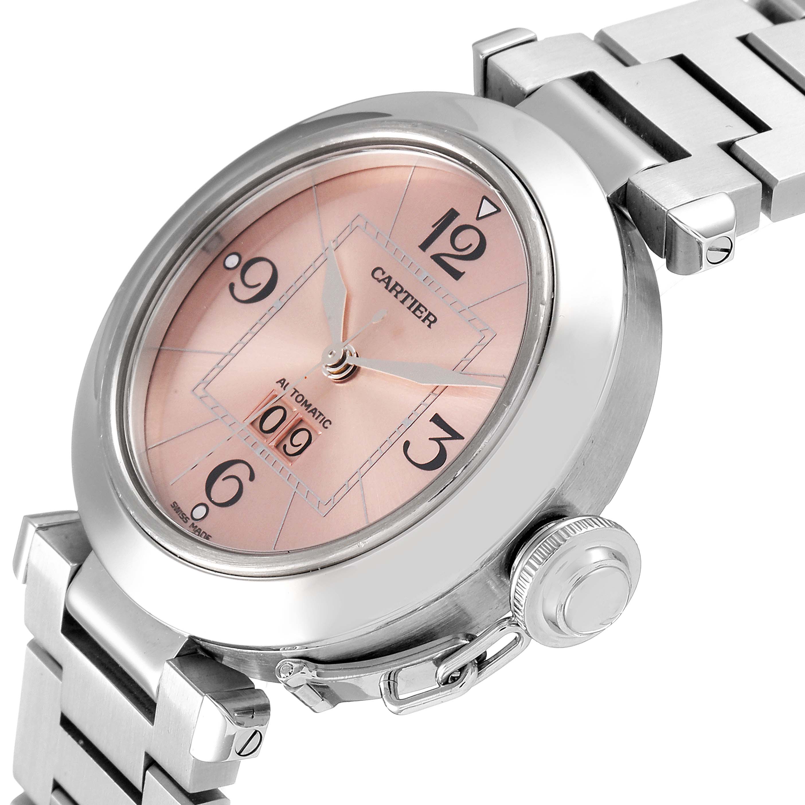 This is an angled view of the Cartier Pasha W31058M7 Women's Stainless Steel Pink Dial W31058M7 Women's Stainless Steel Pink Dial watch, showcasing its face, unique crown, and part of the bracelet.