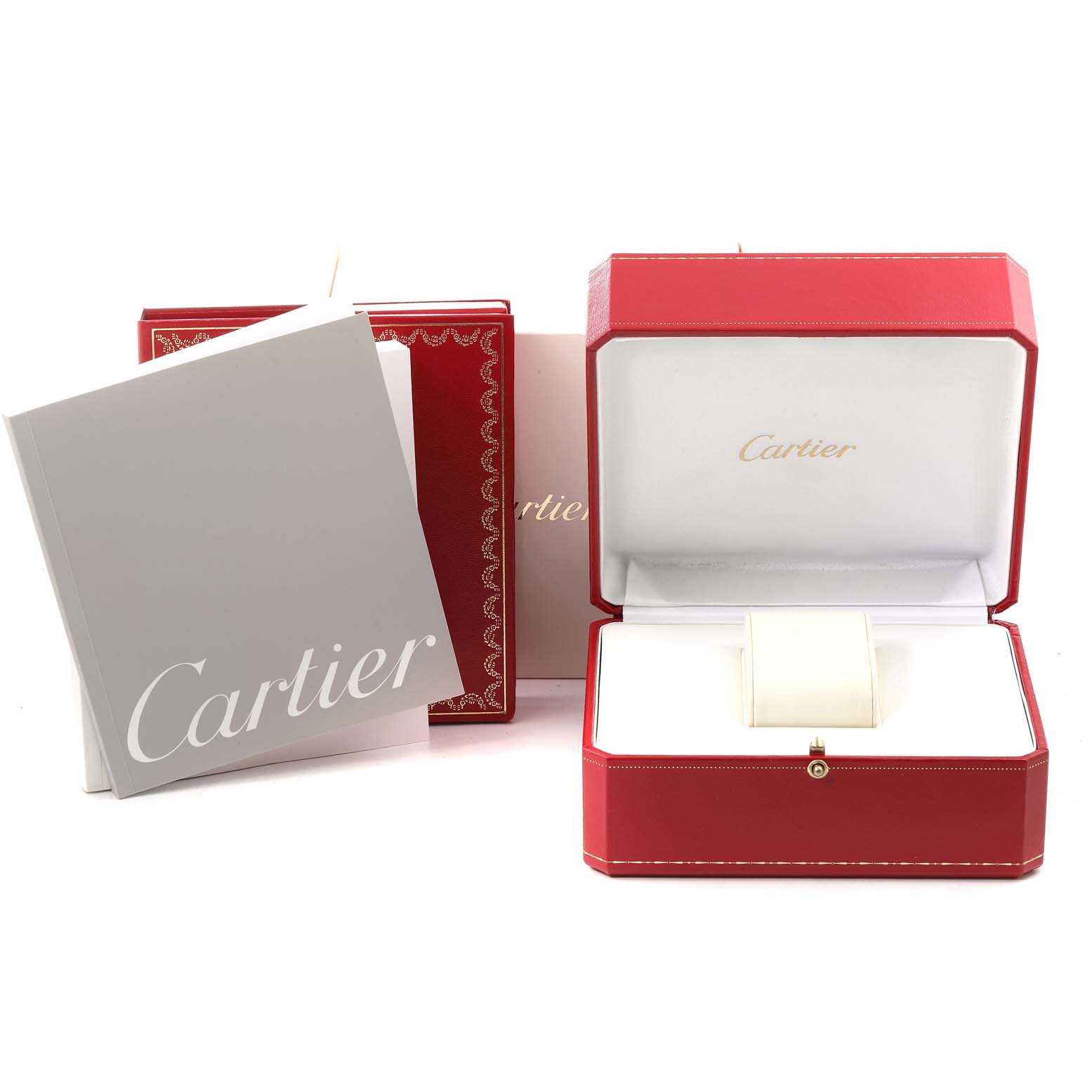 The image shows the packaging and manual for the Cartier Pasha W31058M7 Women's Stainless Steel Pink Dial W31058M7 Women's Stainless Steel Pink Dial watch, including a red watch box and Cartier booklet.