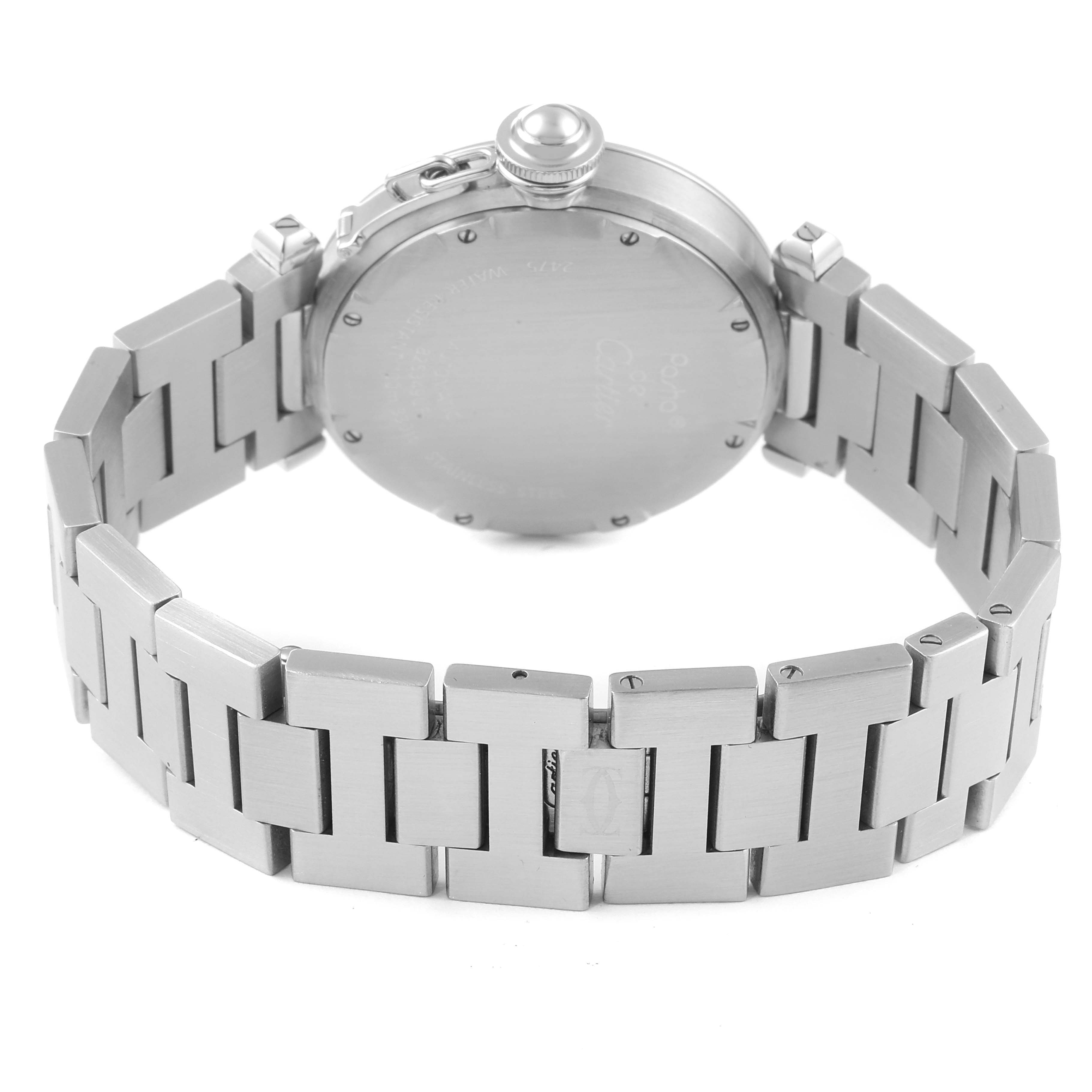 The image shows the back and bracelet of a Cartier Pasha W31058M7 Women's Stainless Steel Pink Dial W31058M7 Women's Stainless Steel Pink Dial watch from a rear angle.