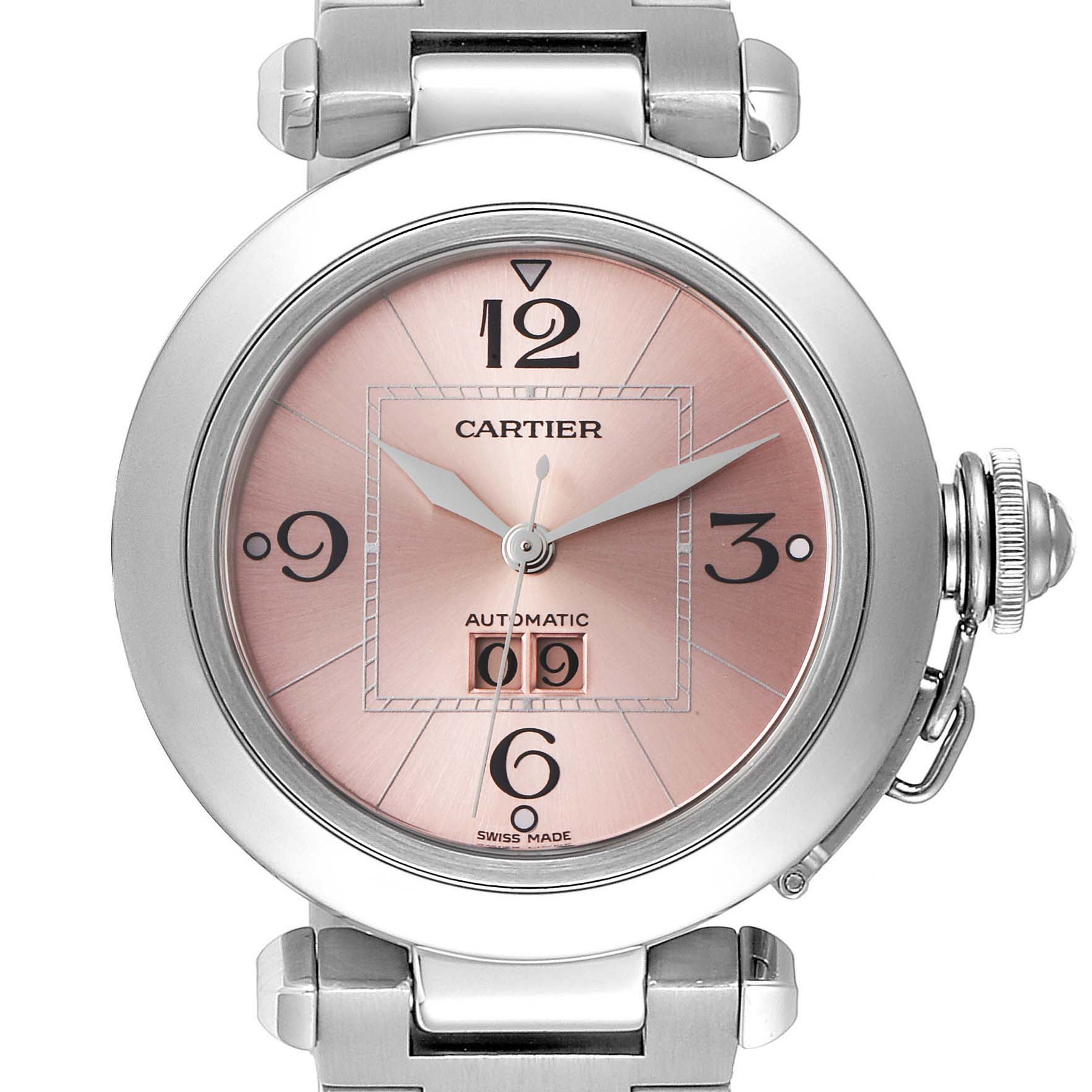 This image shows a front view of a Cartier Pasha W31058M7 Women's Stainless Steel Pink Dial W31058M7 Women's Stainless Steel Pink Dial watch, highlighting the face, hands, date display, bezel, case, and part of the bracelet.