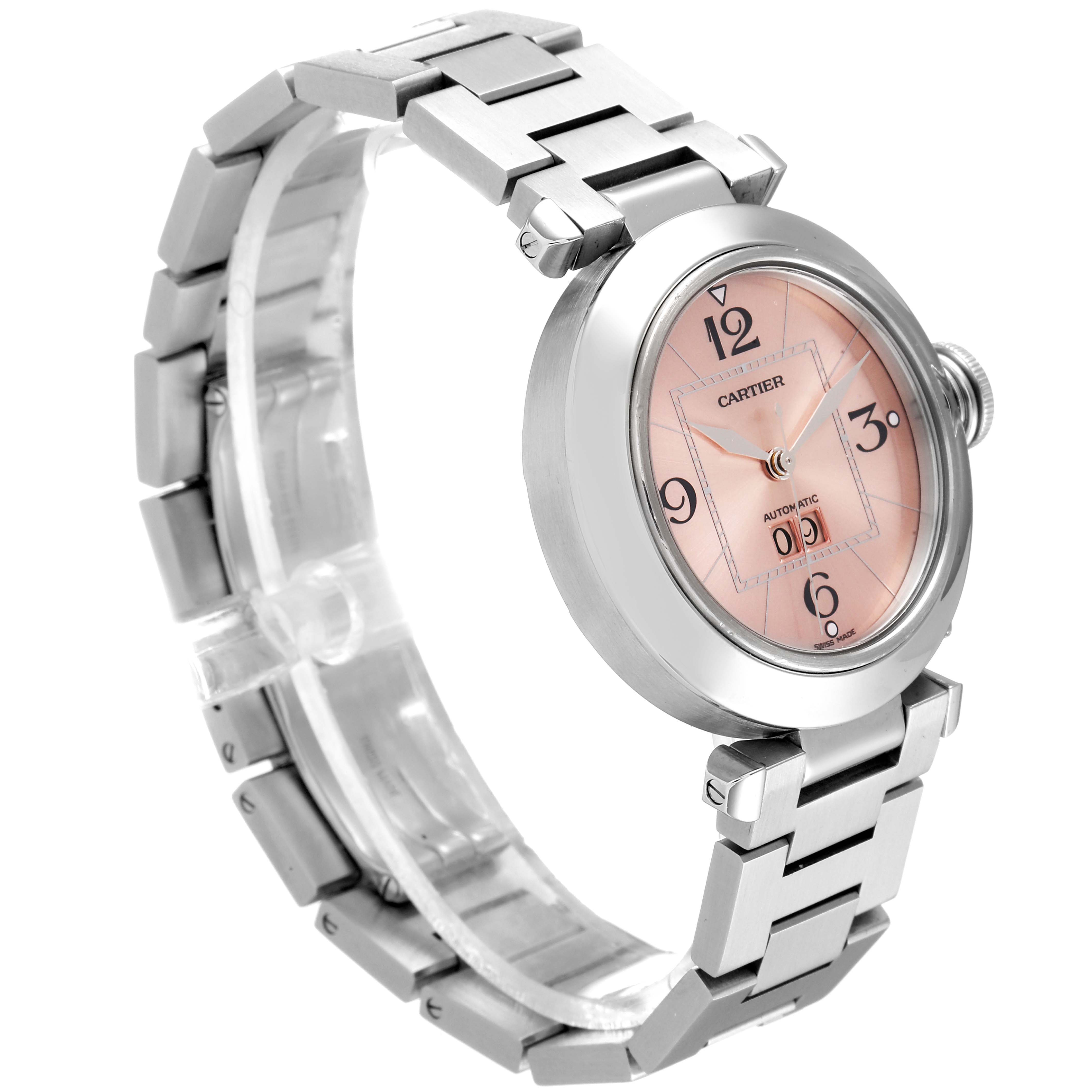 The image shows a Cartier Pasha W31058M7 Women's Stainless Steel Pink Dial W31058M7 Women's Stainless Steel Pink Dial watch with a metal strap and a round face, viewed at a slight angle from above.
