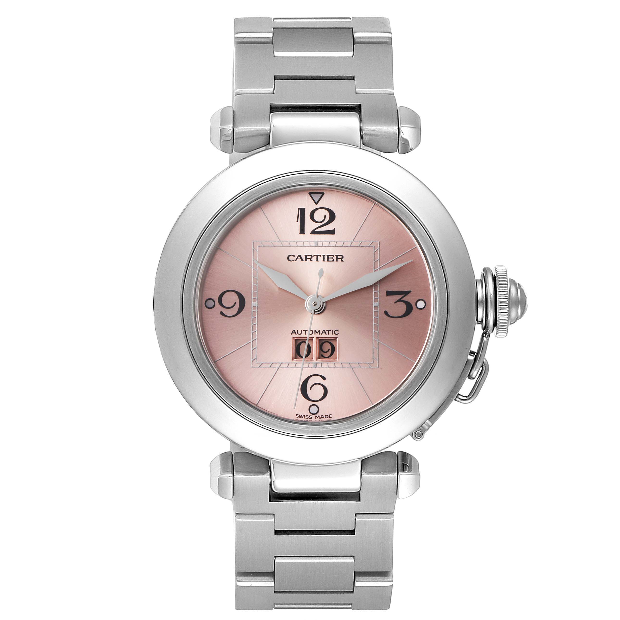 The image shows a front view of a Cartier Pasha W31058M7 Women's Stainless Steel Pink Dial W31058M7 Women's Stainless Steel Pink Dial model watch with a pink dial and silver metal bracelet.