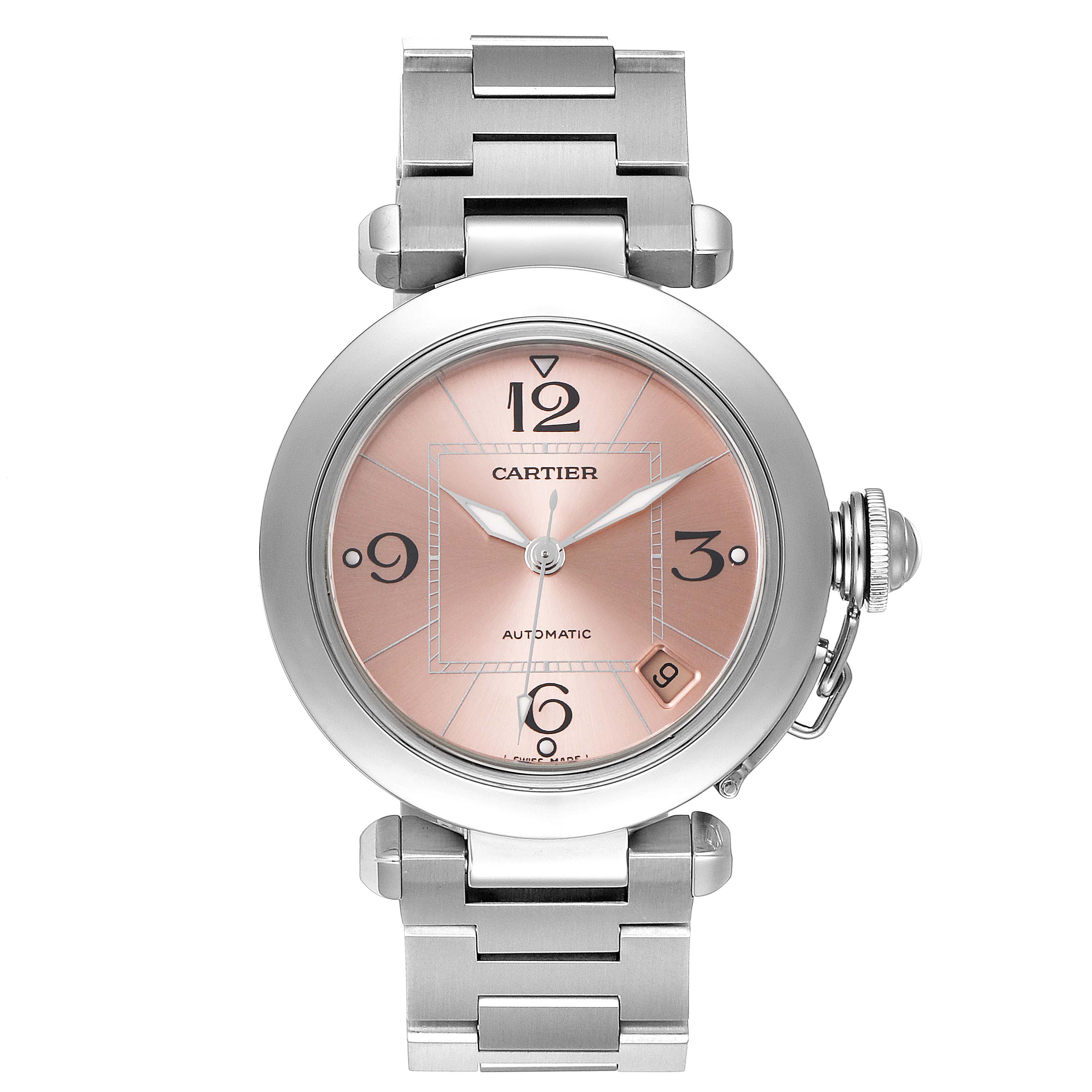 The image shows a frontal view of a Cartier Pasha W31075M7 Women's Stainless Steel Pink Dial W31075M7 Women's Stainless Steel Pink Dial model watch, displaying its dial, case, crown, and metal bracelet.