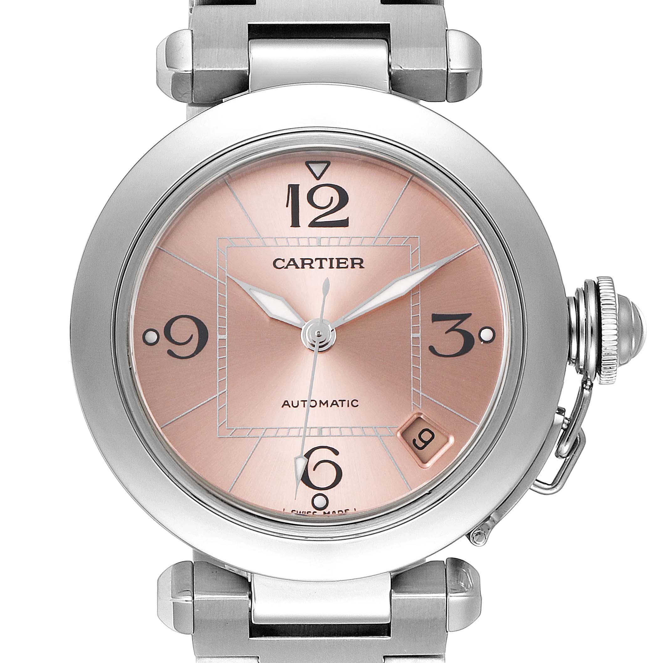 The image shows a close-up, front view of the Cartier Pasha W31075M7 Women's Stainless Steel Pink Dial W31075M7 Women's Stainless Steel Pink Dial watch, highlighting its dial, hands, and case details.