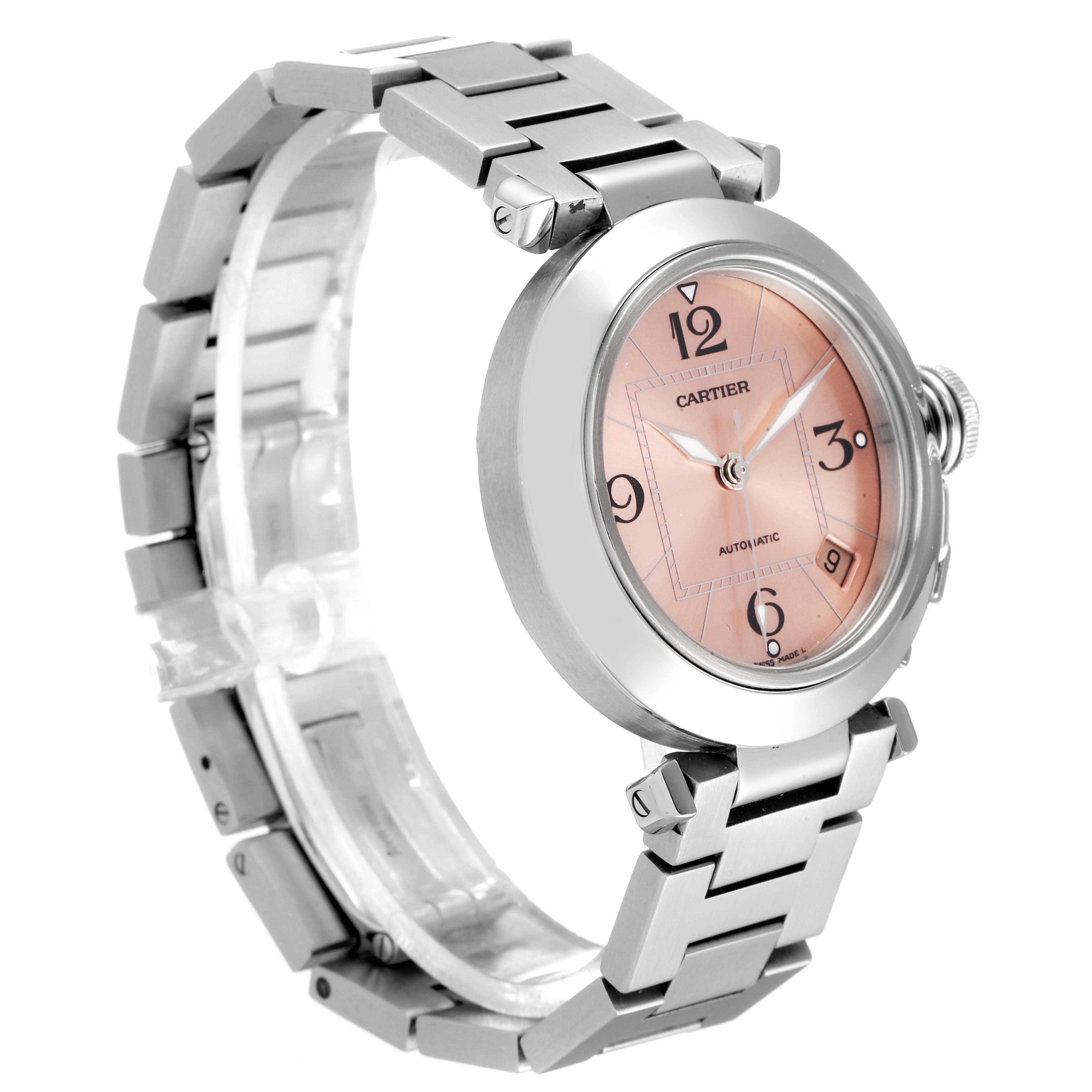 This image shows a side and front angle of the Cartier Pasha W31075M7 Women's Stainless Steel Pink Dial W31075M7 Women's Stainless Steel Pink Dial watch, highlighting its face and metal bracelet.